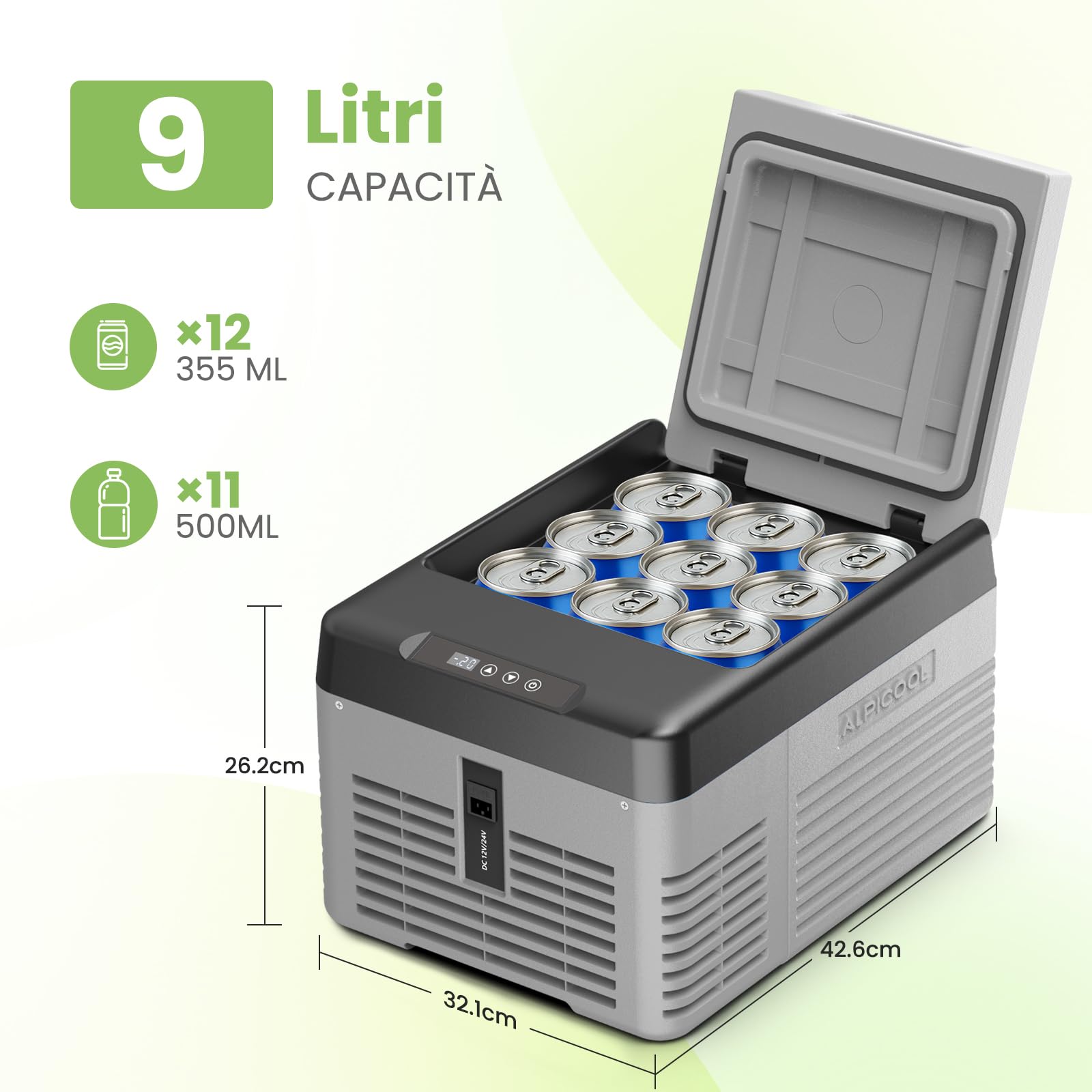 Alpicool CL9 Frigoriferi per Auto 9L, Nuovo 2026 Frigoriferi Portatile Elettrico 12/24V DC 100~240 Volt AC Frigo Auto, -20℃-20 ℃ Mini Frigorifero da Campeggio per Camion, Barca, Viaggio, Picnic