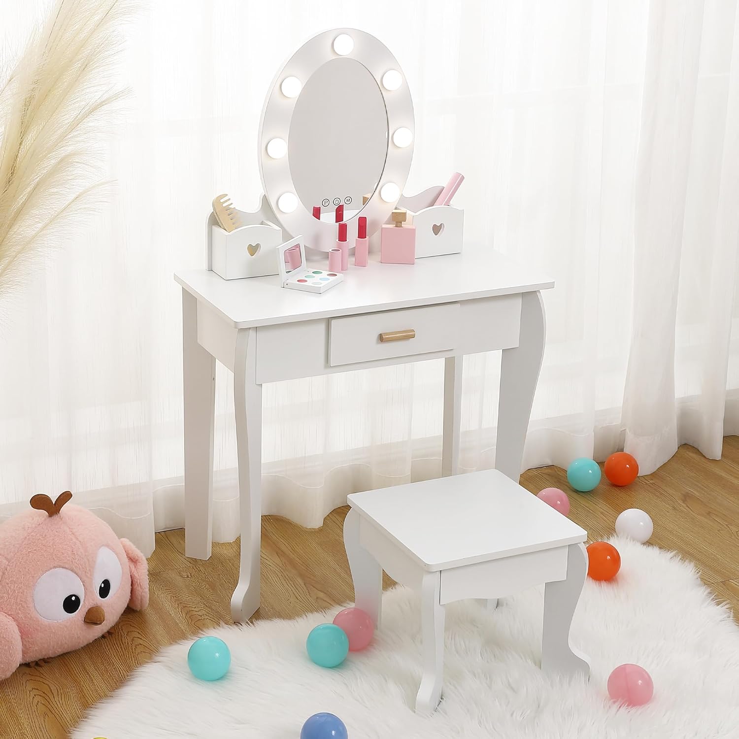 GAOMON Kids Vanity Set, Girls Vanity Table with Mirror, Makeup Desk with Stool, Kids Dressing Table with Wood Makeup Playset, for Bedroom, Playroom