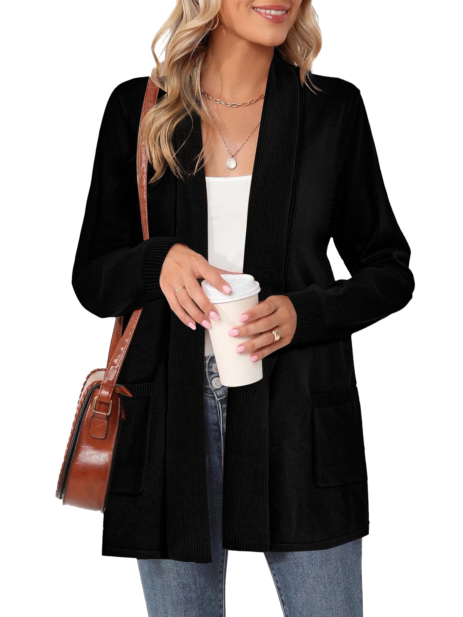 Moss Rose Womens Classic Sweaters Cardigan Long Sleeve Knit Coat Outwear with Pocket Available in Plus Size