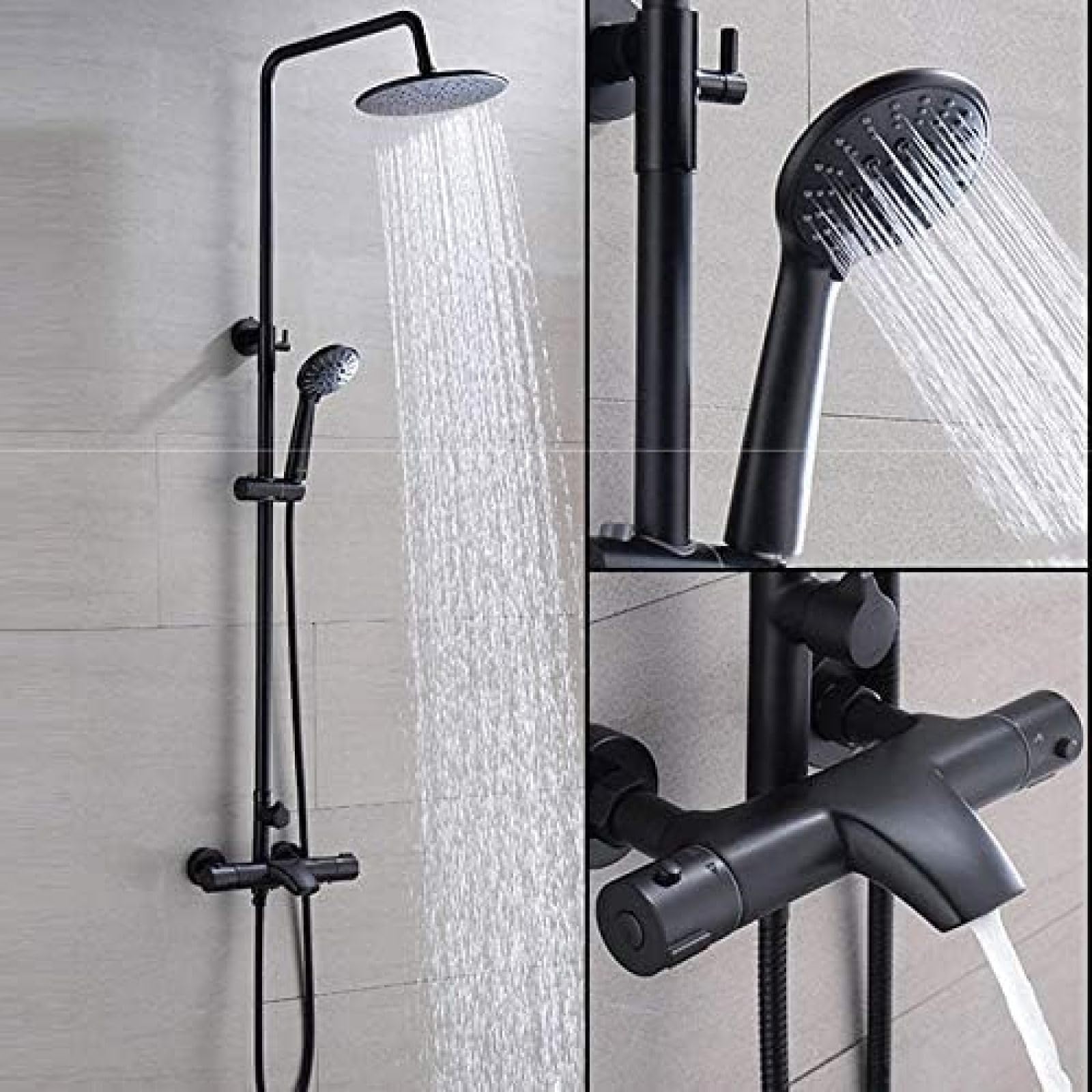 GLJTUO Shower system, Black Rainfall Shower Set Thermostatic Control Shower Faucet Thermostatic Brass Mixer Tap