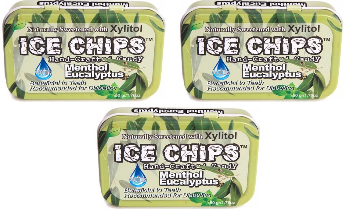 ICE CHIPS Xylitol Candy Tins (Menthol Eucalyptus, 3 Pack) - Includes BAND as shown