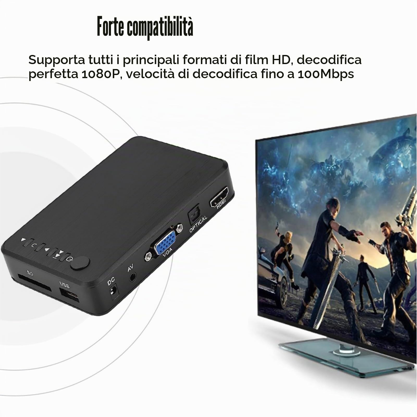 Lettore Multimediale Garsent, Lettore Multimediale e Video HD 1080p Che Supporta USB, Scheda SD, Pressione Elevata con Controllo IR Lontano, (Spina europea)