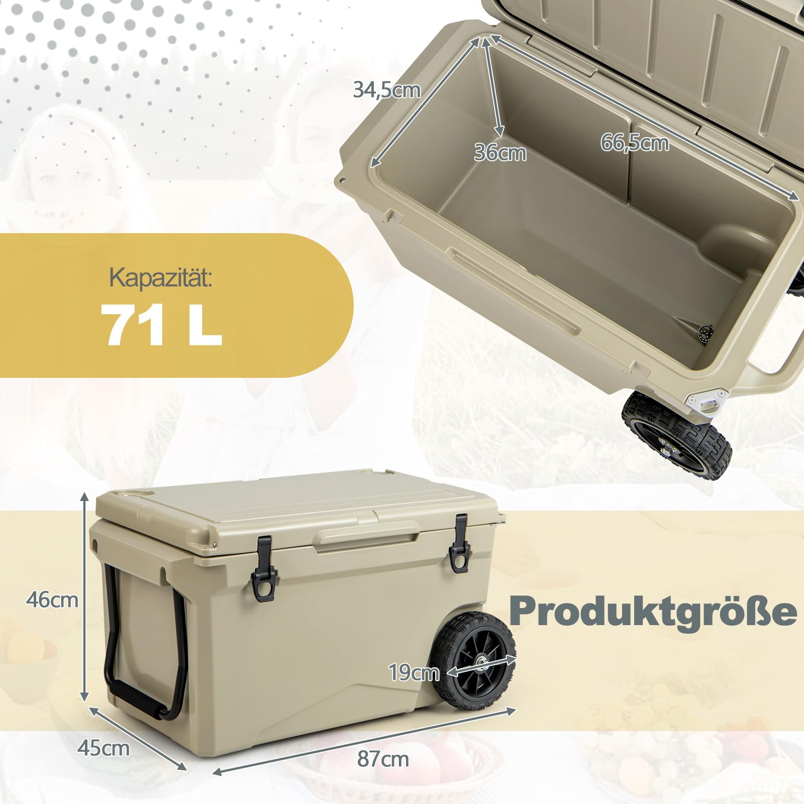 COSTWAY 71L Isolierbox tragbar, Kühlbox grau inkl. Alugriff & großen Rädern, Wärmebehälter mit Flaschenöffner und Abflusssystem, Thermobox belastbar bis 100kg für Camping Picknick Angeln