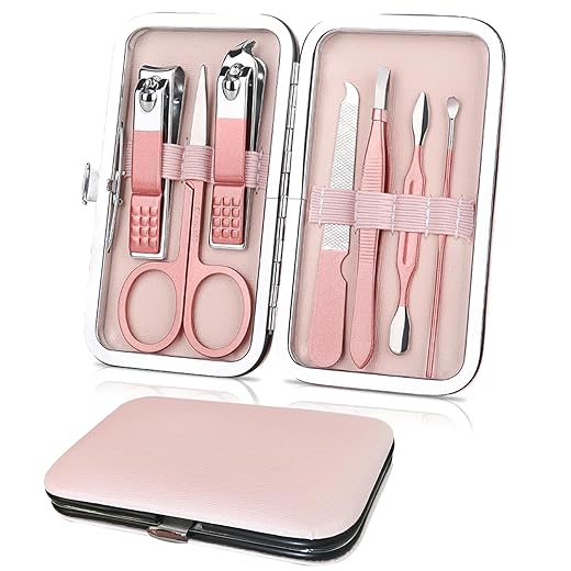 Conjunto de manicure premium 7 em 1 – tesouras de pedicure de aço inoxidável para cuidados com cutículas com estojo de viagem luxuoso, kit portátil de cuidados com manicure para mulheres