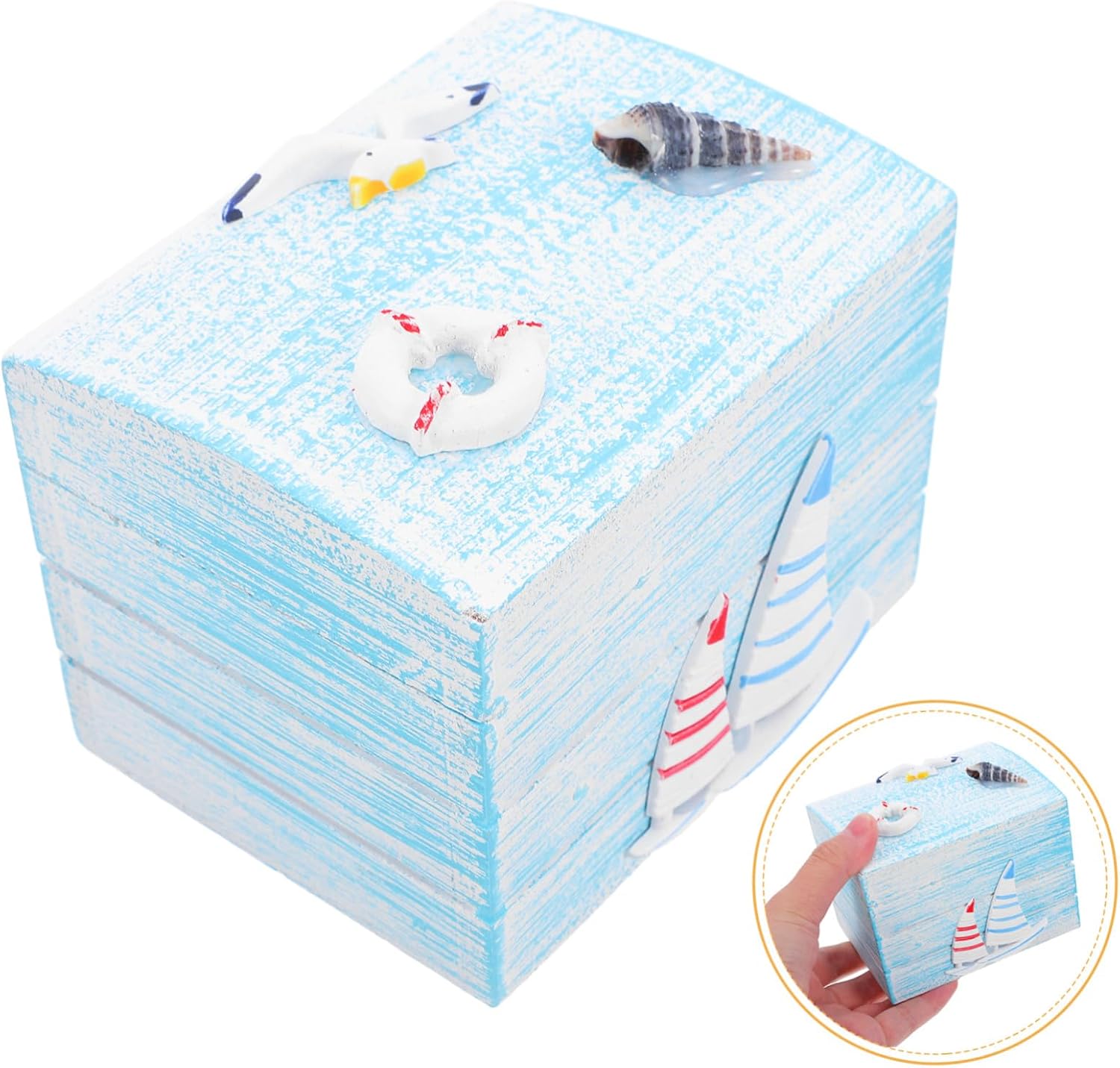 Ocean-themed Wooden Treasure Chest Small Decorative Storage Box for Jewelry and Keepsakes Vintage Coastal Decor for Bedroom and Beach Souvenirs