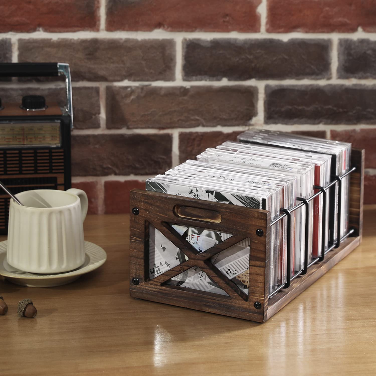 FARM IN Portabagagli per CD e DVD a 5 fessure, con maniglie, design rustico, legno massello bruciato e filo metallico nero