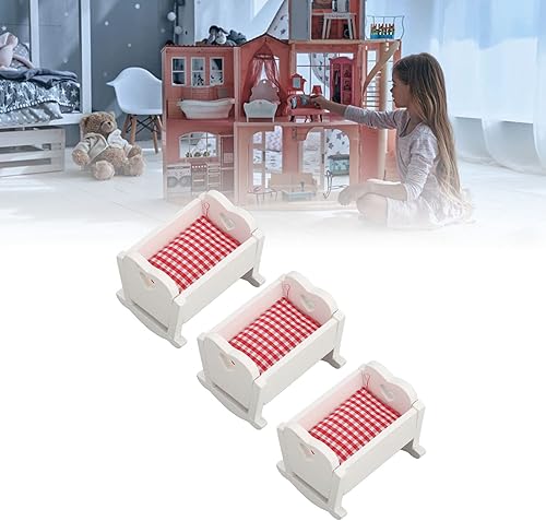 Miniatura 3 de Keenso Cuna en miniatura, 3 piezas de madera de pino para muñeca de bebé, cama de cuna realista, mini cuna para casa de muñecas a escala de 1/12 1/6