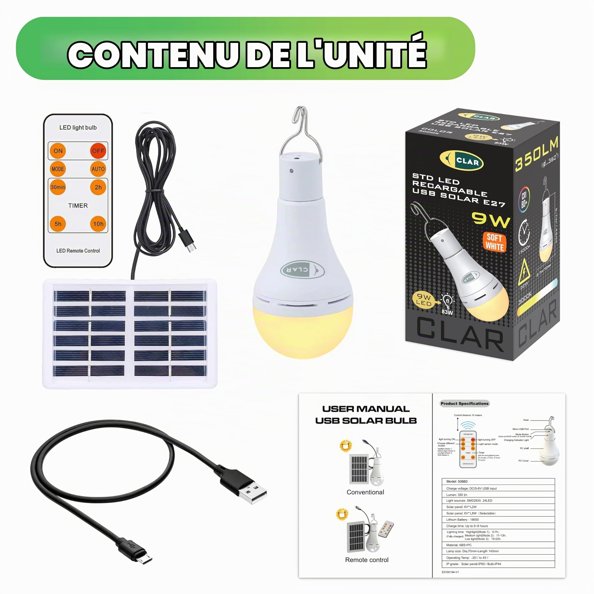 CLAR - Ampoule LED E27 Rechargeable Avec Télécommande, Sans Fil, 9W, Blanc Chaud (3000ºk) (Pack 3)