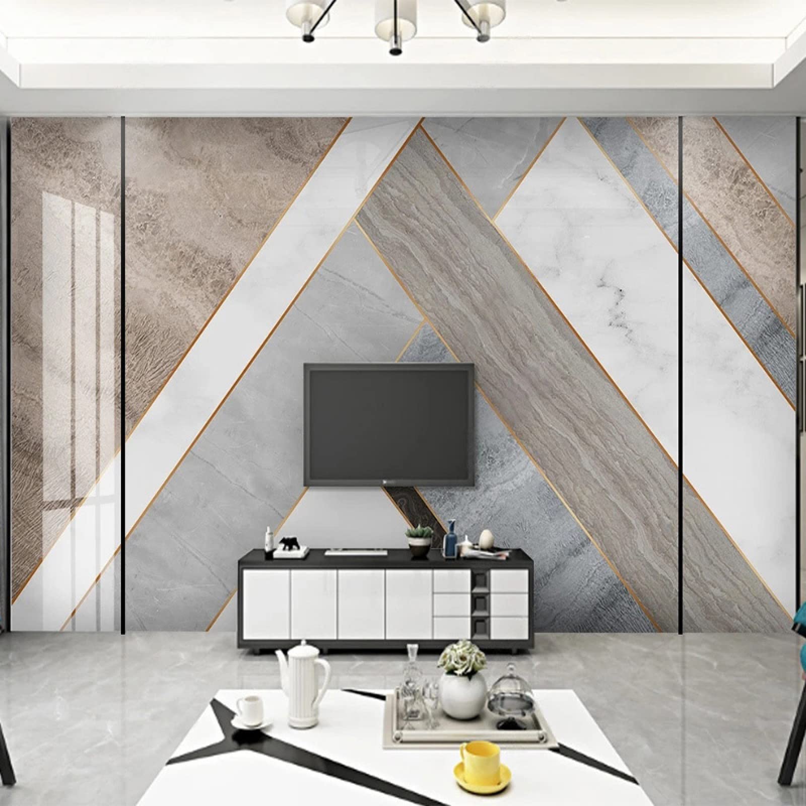 Papier mural 3D géométrique abstrait effet marbre blanc pour salon - 250x175cm