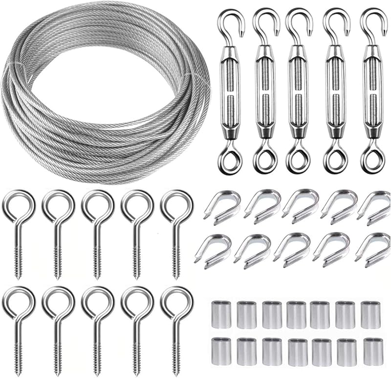 TooTaci Kit tensor de alambre tensor, cuerda de alambre recubierta de vinilo 1/16 de 100 pies | Cable de acero recubierto de PVC de 2mm con tensores M5 y ojos de vid para plantas/Kit de enrejado de alambre/Kit para colgar al aire libre/valla/cortina