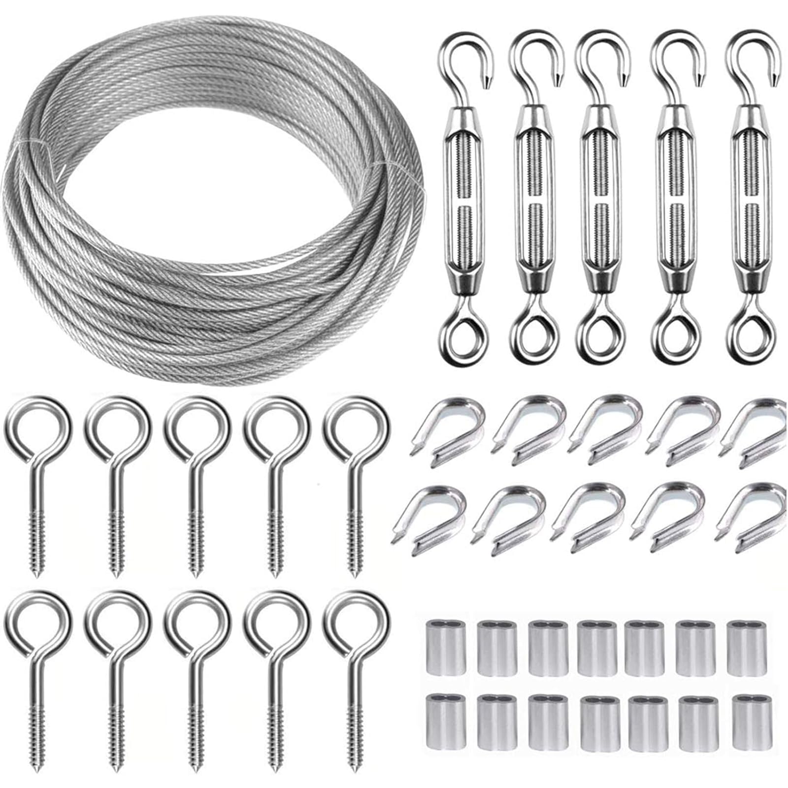 TooTaci Zestaw linek ogrodowych 30 m / 2 mm ze stali nierdzewnej, zestaw napinacza drutu M5, zestaw rolek ogrodzeniowych, zestaw balustrady kablowej, metalowy kabel powlekany PCW, oczy winorośli dla