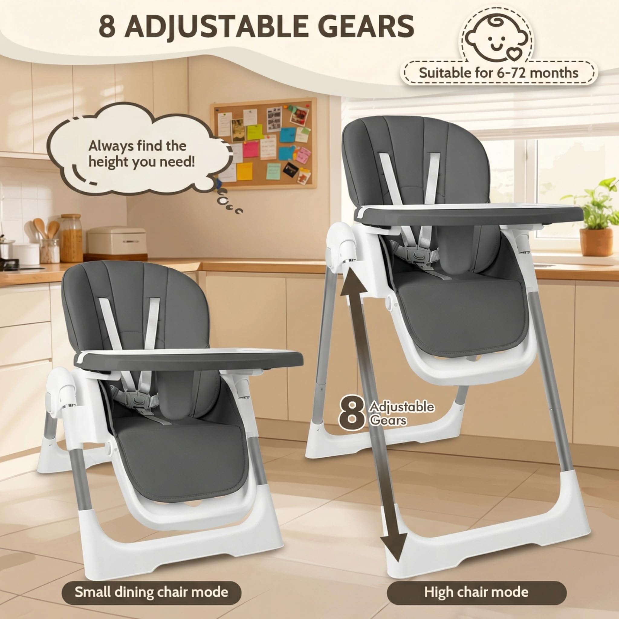 Trona para bebé, trona con cinturón de seguridad de 5 puntos, altura regulable, respaldo ajustable en 4 posiciones, trona combinada, reposapiés ajustable, mesa ajustable, plegable, gris