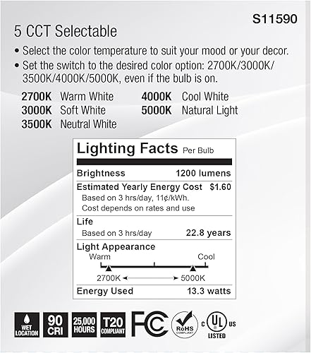 Miniatura 6 de Satco S11590; LED PAR38 de 13.3 vatios; base media; acabado plateado; CCT seleccionable; 120 voltios; ángulo de haz de 60 grados;