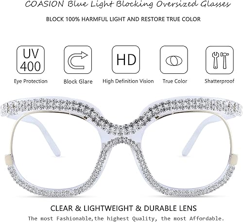 Miniatura 6 de COASION Lentes de gran tamaño con bloqueo de luz azul, elegantes anteojos falsos para mujer, marco redondo con lentes transparentes