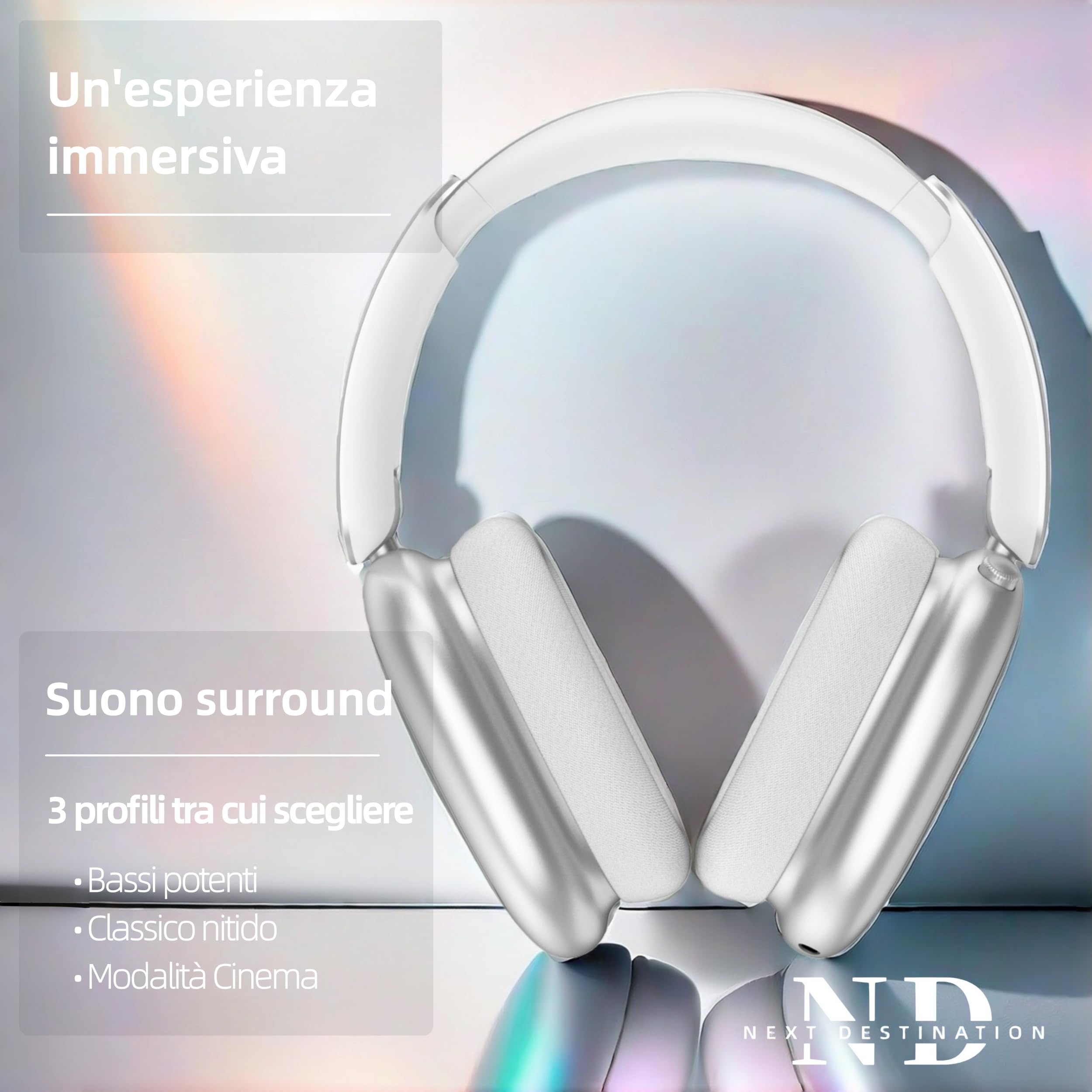 NEXT DESTINATION ND905-ANC Cuffie Wireless Senza fili Bluetooth 5.4 con Cancellazione Attiva del Rumore 40H Bassi Potenti Auricolari Caschi con Microfoni Cuscinetti Magnetici Conne Doppia