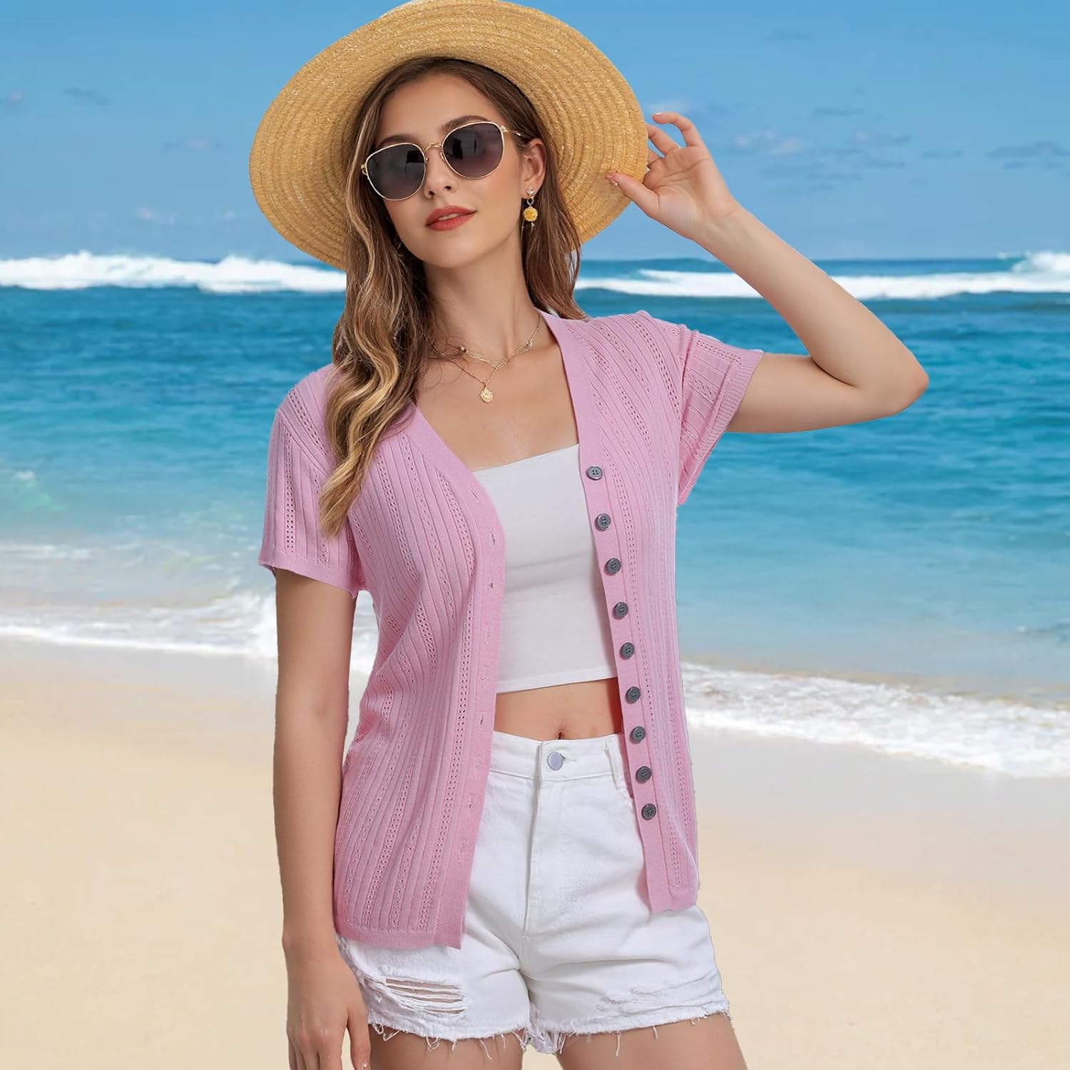 Messic Womens Short Sleeve Sweaters V Neck Casual Summer Knit Pullover Tops - Image 2