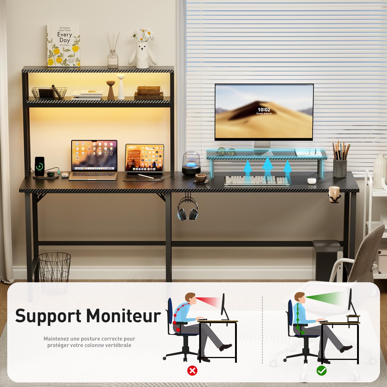 HLFURNIEU Bureau Gaming en L LED, 150 x 100 cm, Noir | Prise Intégrée, Ports USB, Étagères, Surface en Fibre de Carbone
