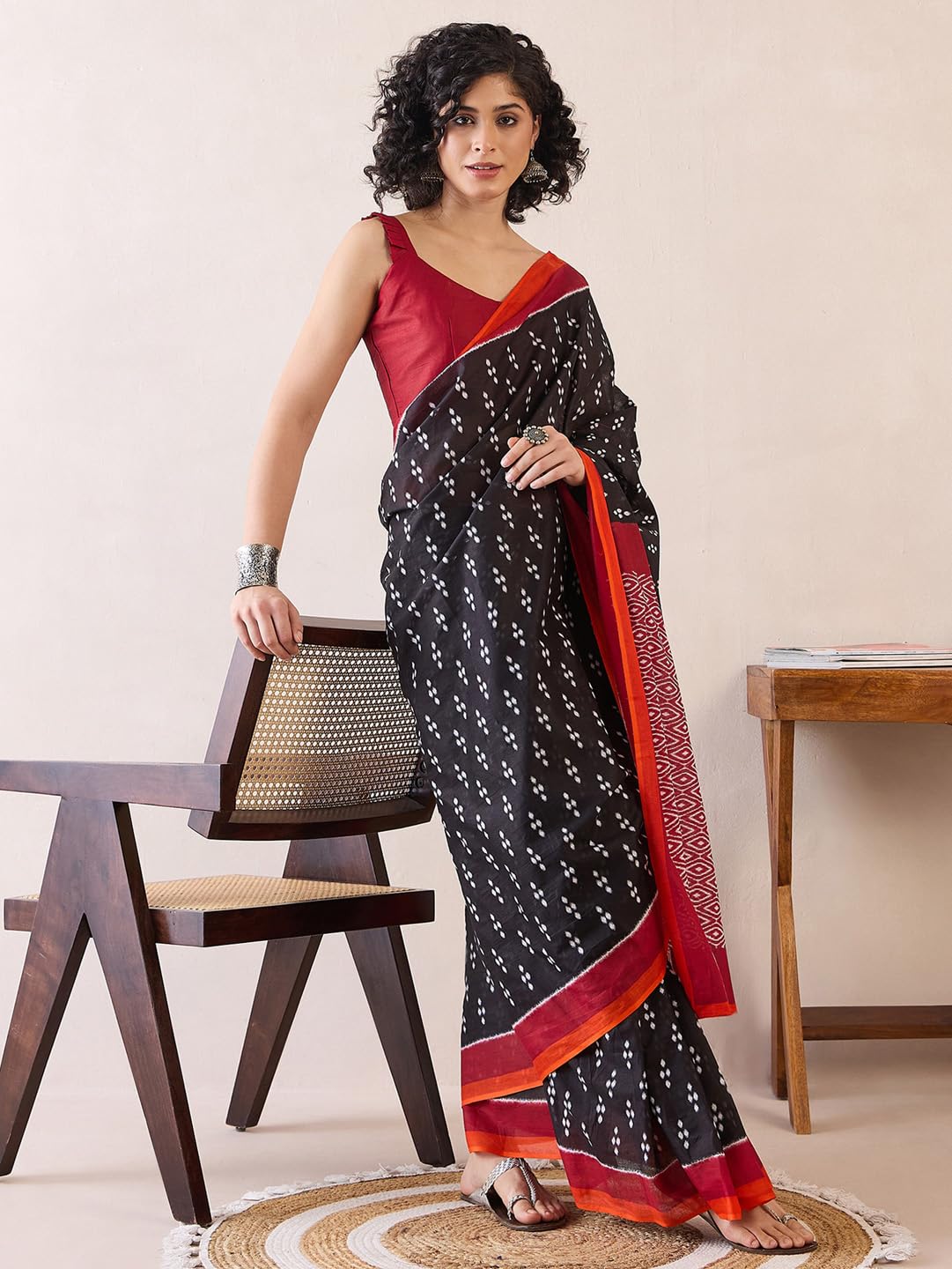 SAREE MALL Women's Black Cotton Bagh Printed Ready To Wear one Minute Saree With Blouse Piece