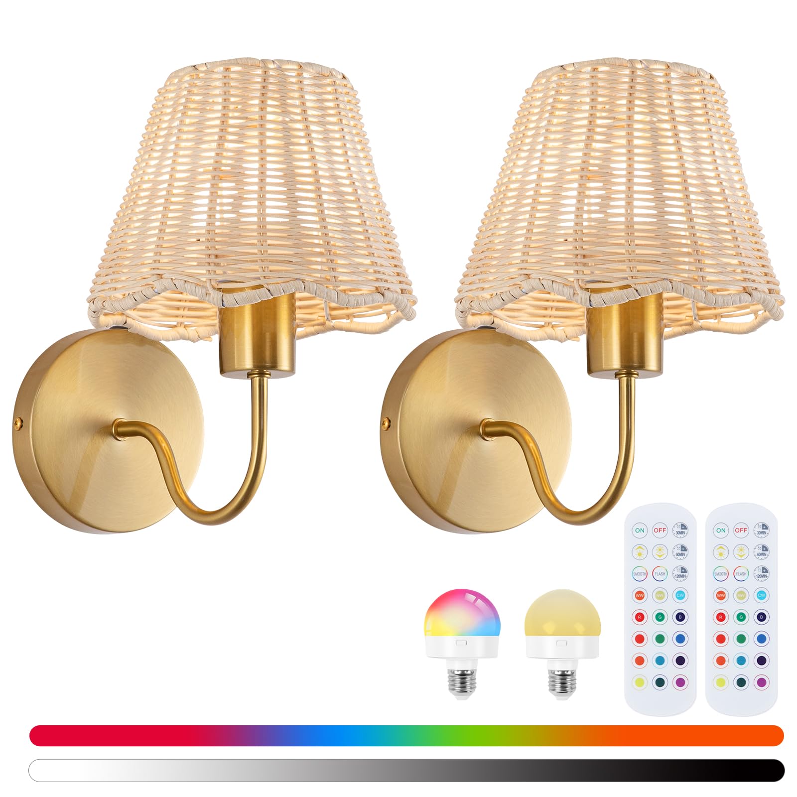 Battery Operated Wall Lights Sets of 2, Rattan Shade Wall Light with RGB Rechargeable Bulb and Remote for Living Room Bedroom Dining Room Corridor Staircase Hallway Kitchen (2 Bulbs Included)