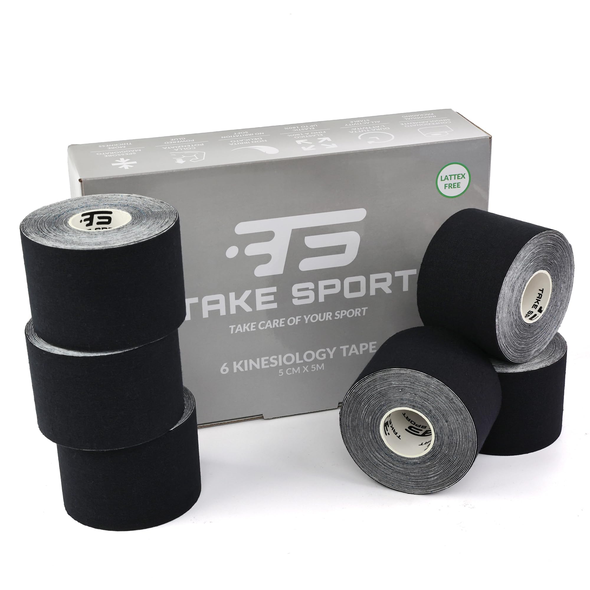 TAKE SPORT, NOVITÀ 2023! Kinesio tape, Nastro kinesiologico, Tape kinesiologico, Kinesio taping. 6 rotoli, 5 x 5m, 95% Cotone 5% Spandex, elastico. (color nero, rosa, azzurro, pelle)