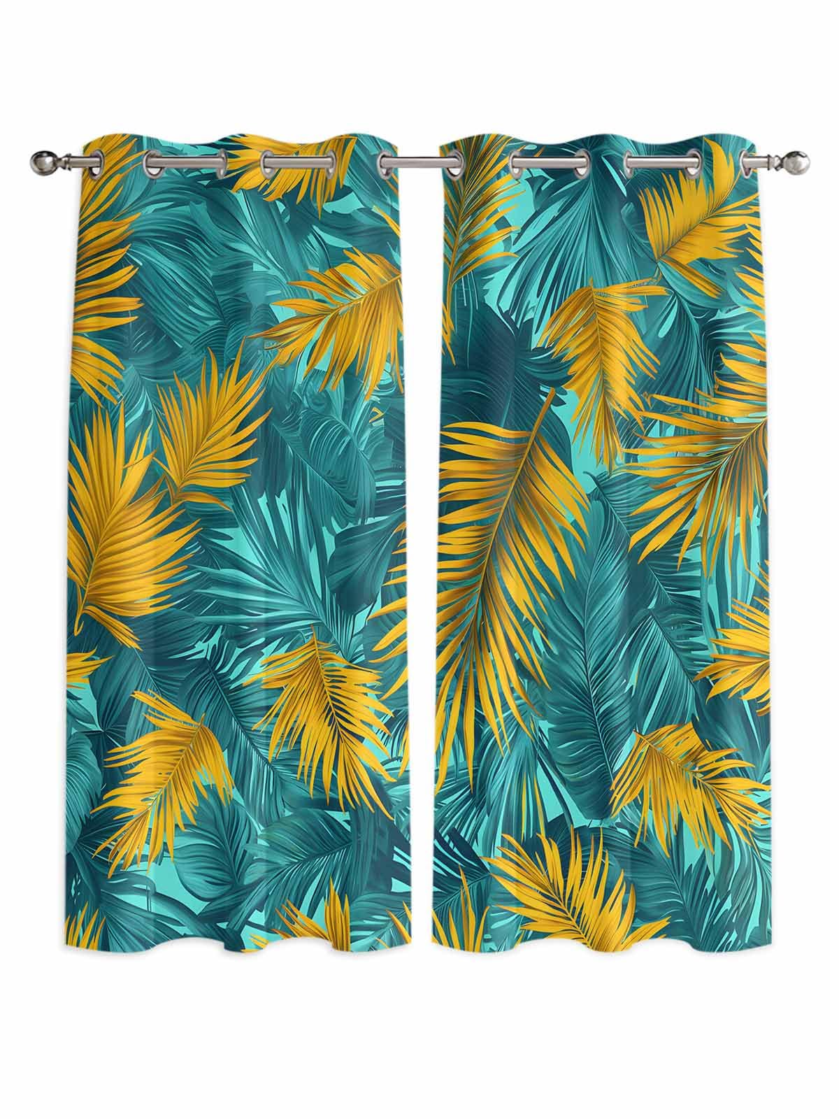 Tropical Leaves Window Curtains Panels with Silver Grommet,Retro Pastel Turquoise Gold Palm Plant Kitchen Cafe Curtain Draperies Window Treatment Set for Living Room/Bedroom/Bathroom/Cafe,84x84
