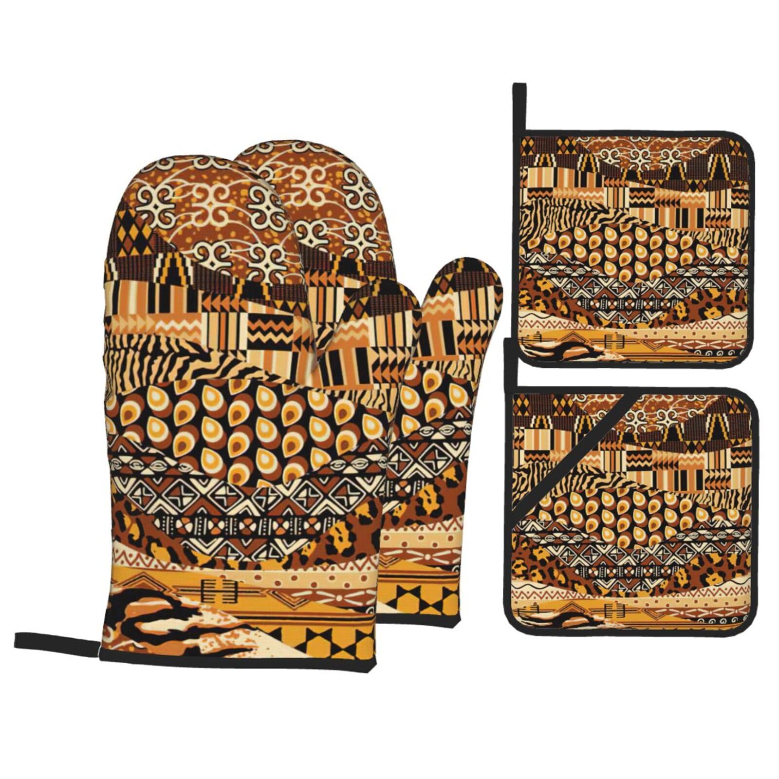 Nimongt Black African Style Patchwork Print Heat-Resistant 4-Piece Oven Kitchen Gloves For Baking Cooking Microwaving Essentials