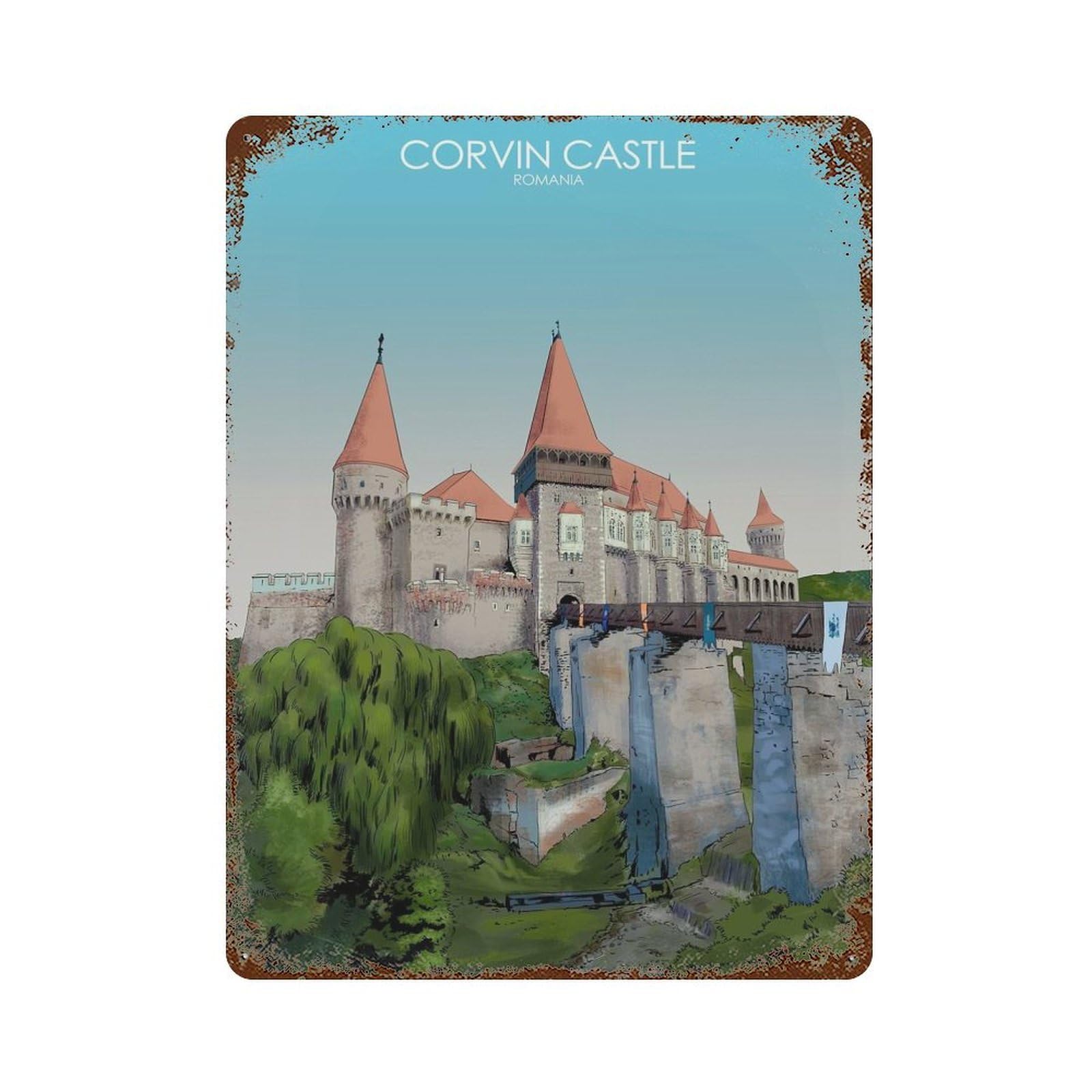 Corvin Castle in Romania Vintage Wall Sign 15.7"x11.8", Rust Effect Metal Decor for Farmhouse, Kitchen And Entryway Decor