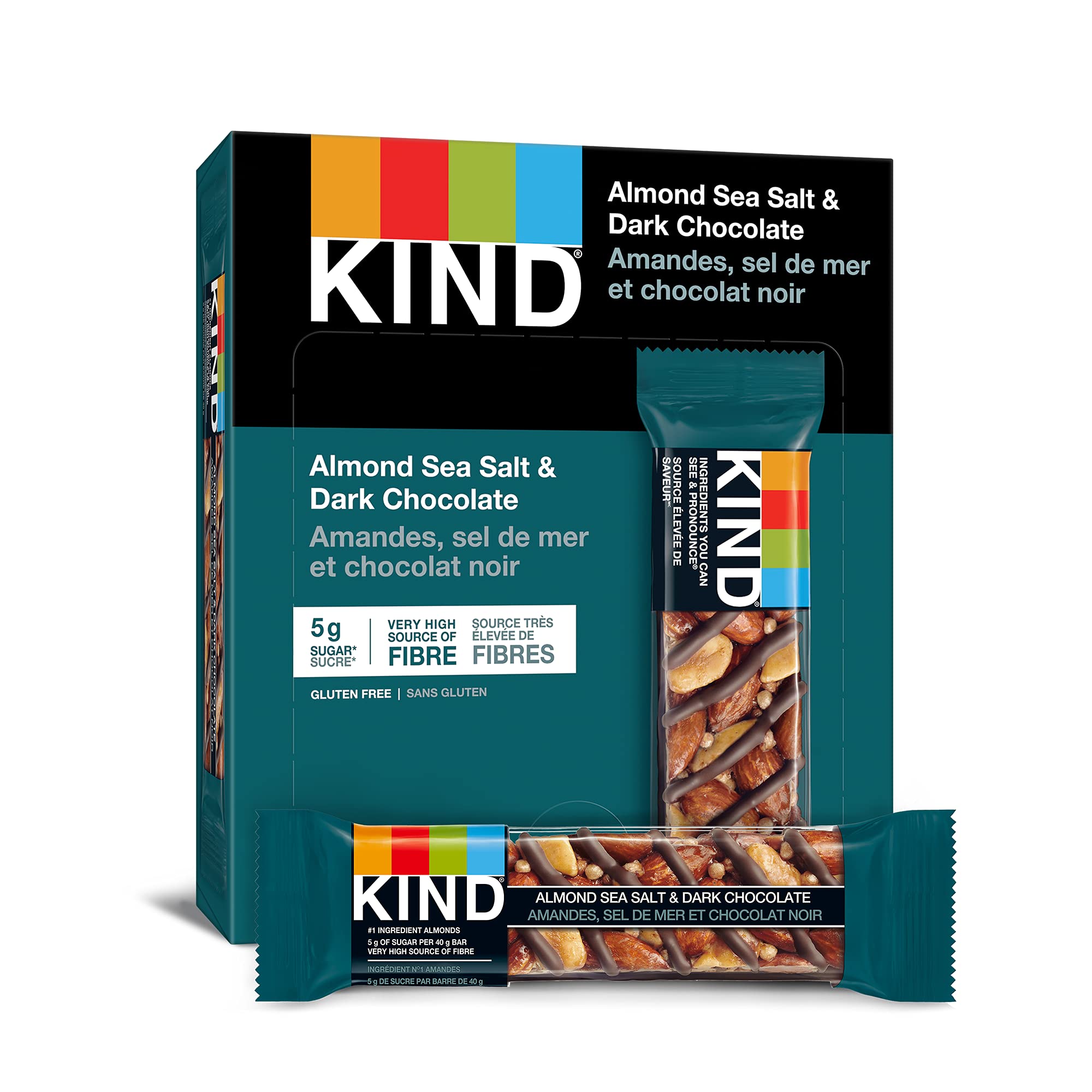 KIND Bars, Dark Chocolate Nuts & Sea Salt, Gluten Free, Low Sugar, 40 Grams, 12 Count - Almond Sea Salt Dark Chocolate 12