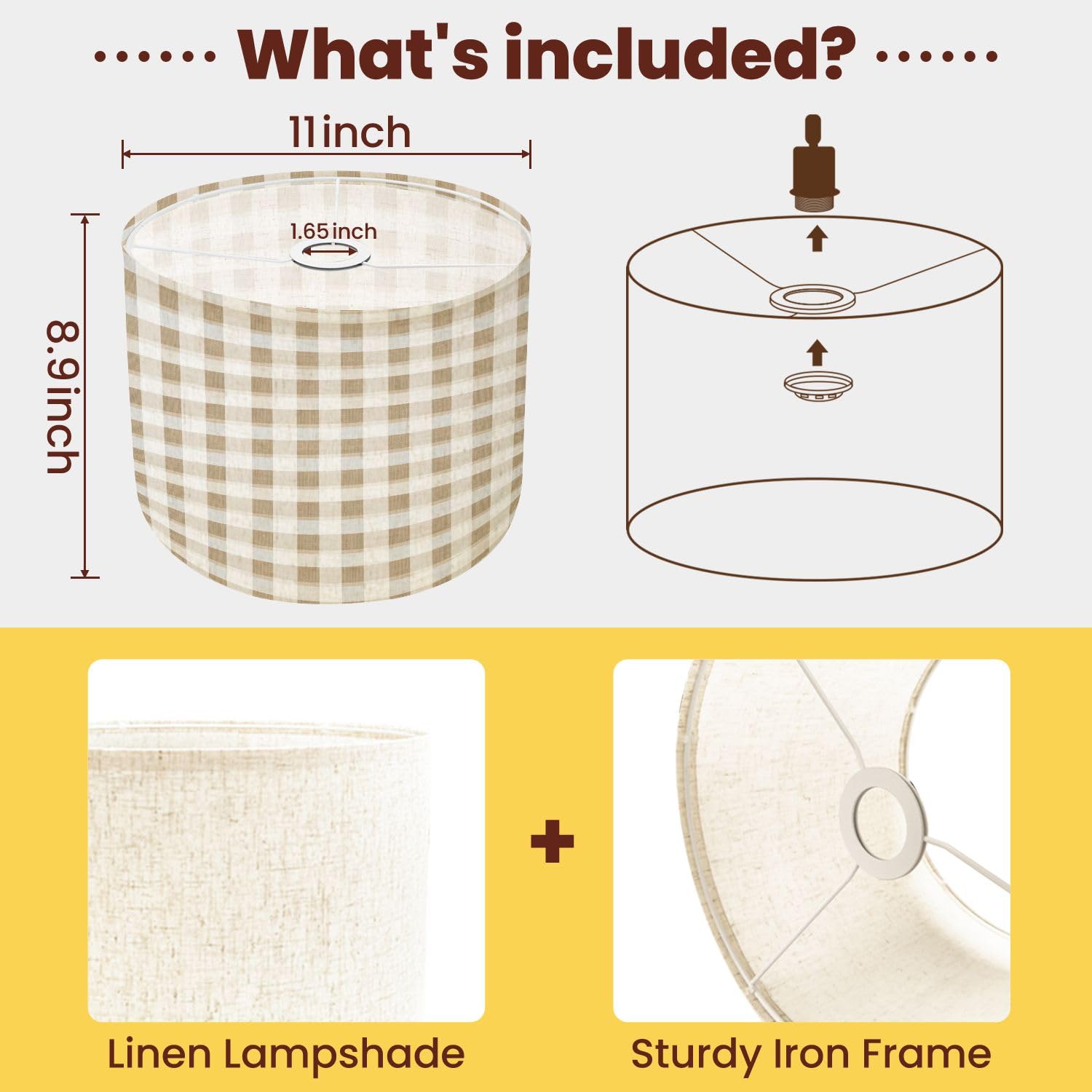 16x16x12 Inch Drum Lampshade – Gingham Plaid Linen Shade For Table & Floor Lamps