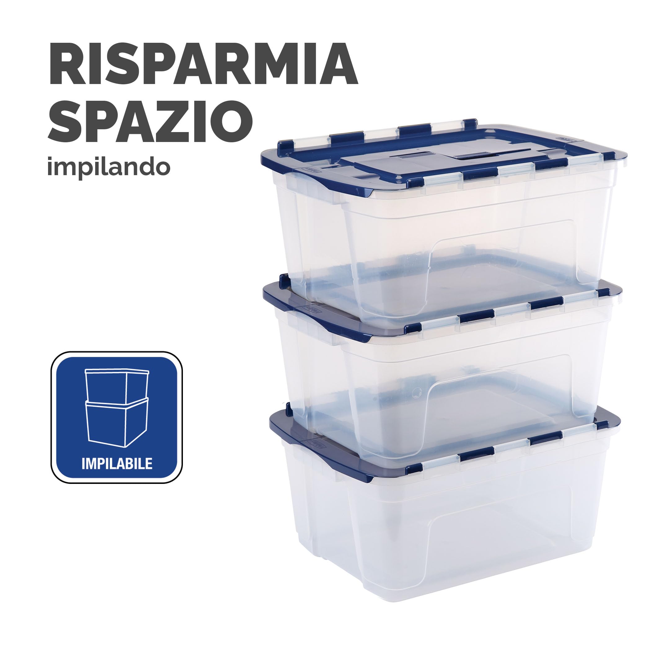 Bankers Box 45L scatola porta oggetti in confezione da 3, BPA-Free, in plastica 100% riciclata, impilabile, 28x43x59cm, ideali per organizzare la casa e l'ufficio, coperchio a cerniera