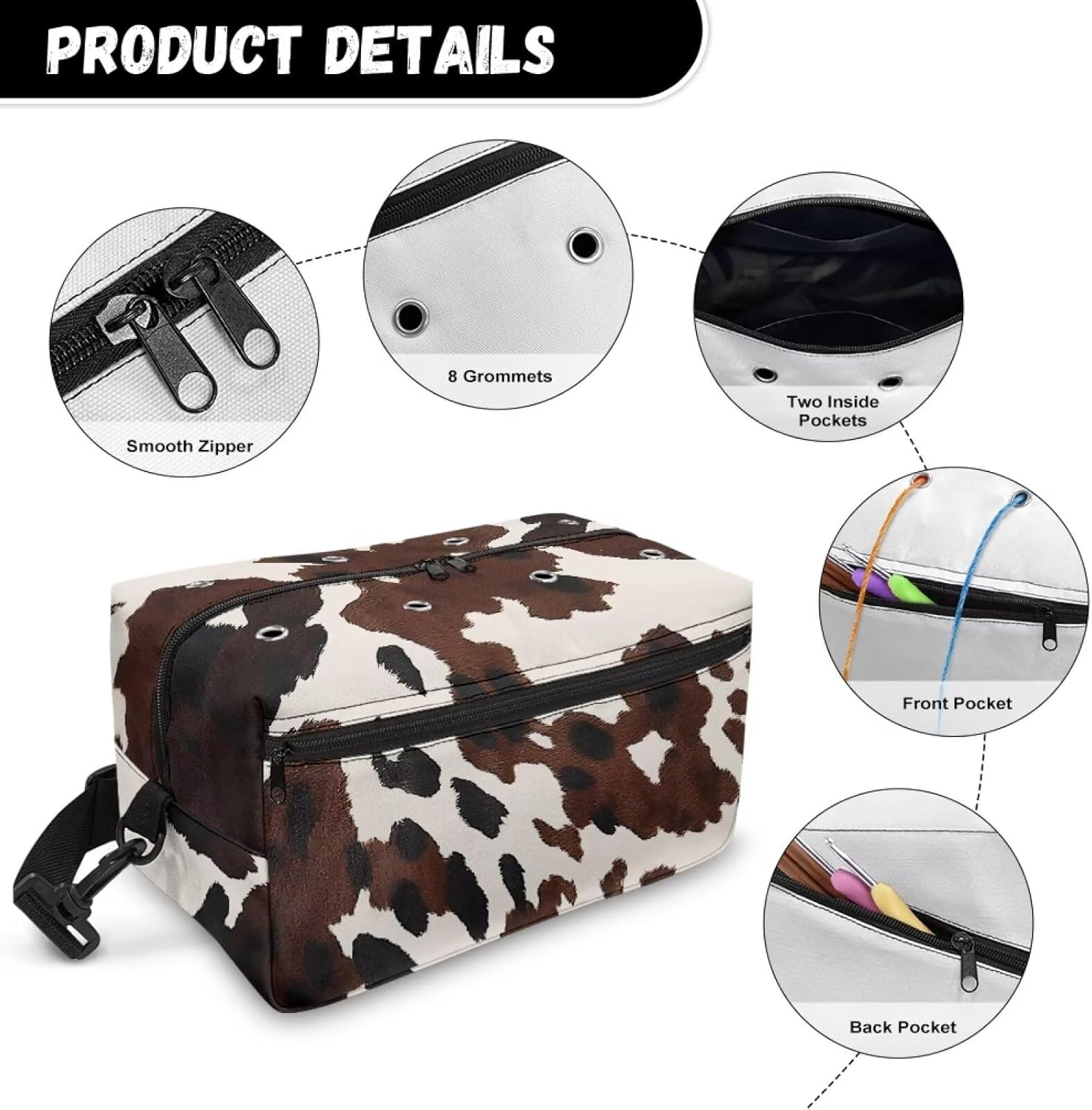 Kathyboom Cowhide Knitting Bag Crochet Bag Dust Resistant Yarn Organizer Knitting & Crochet Supplies Yarn Bag for Knitting Needles, Crochet Hooks