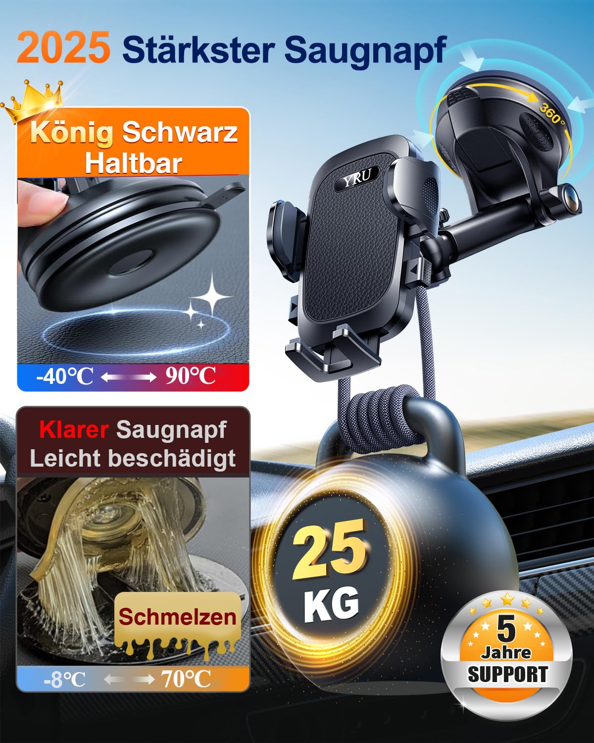 【Classe militare 2026】Supporto per cellulare da auto. Ventosa forte e clip di ventilazione | Supporto per cellulare da auto, a 360°, per iPhone 17, 16, 15, 14 Pro Max, ecc., nero chiaro