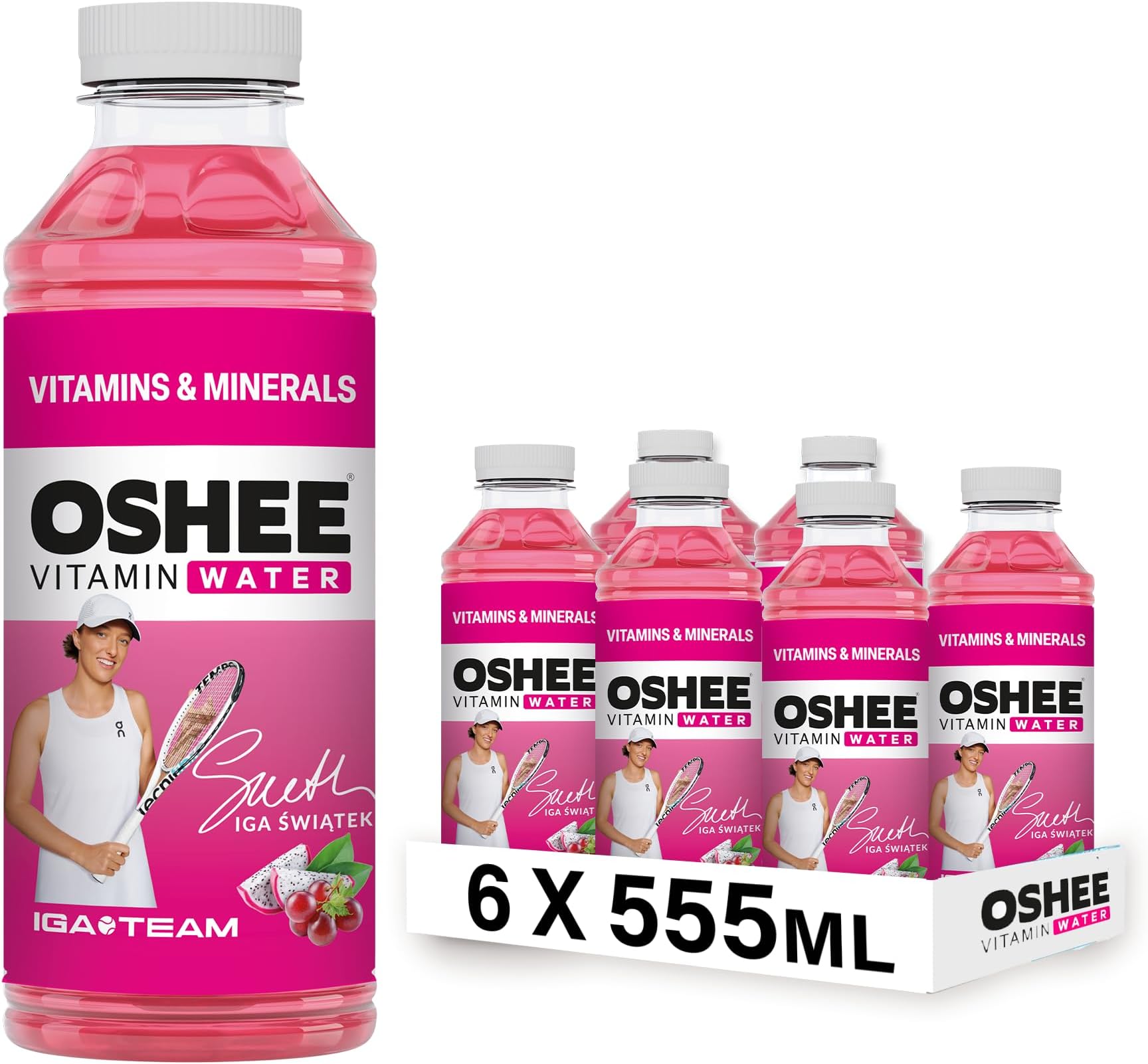 Vitamin Water – Non-carbonated red grape and dragonfruit flavour drink with addition of vitamins, zinc and iodine. Pasteurized, 555ml (Pack of 6).