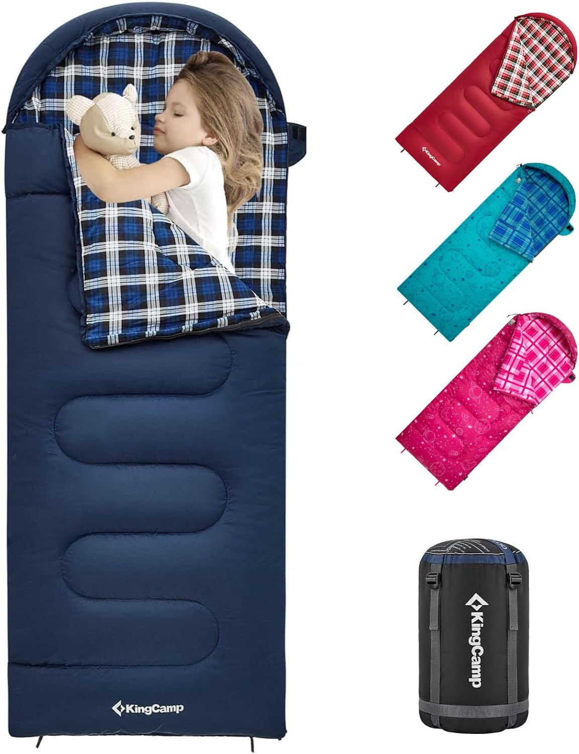 KingCamp 45°F Kids Sleeping Bag, Lightweight Waterproof & Compact Flannel Sleeping Bags Cold Weather & Warm Youth Essentials Gear Accessories for Camping, Fits 10-12 Children up to 5'5" Tall 8.6°F ~44.6°F Navy Left 66.9" x 27.5"