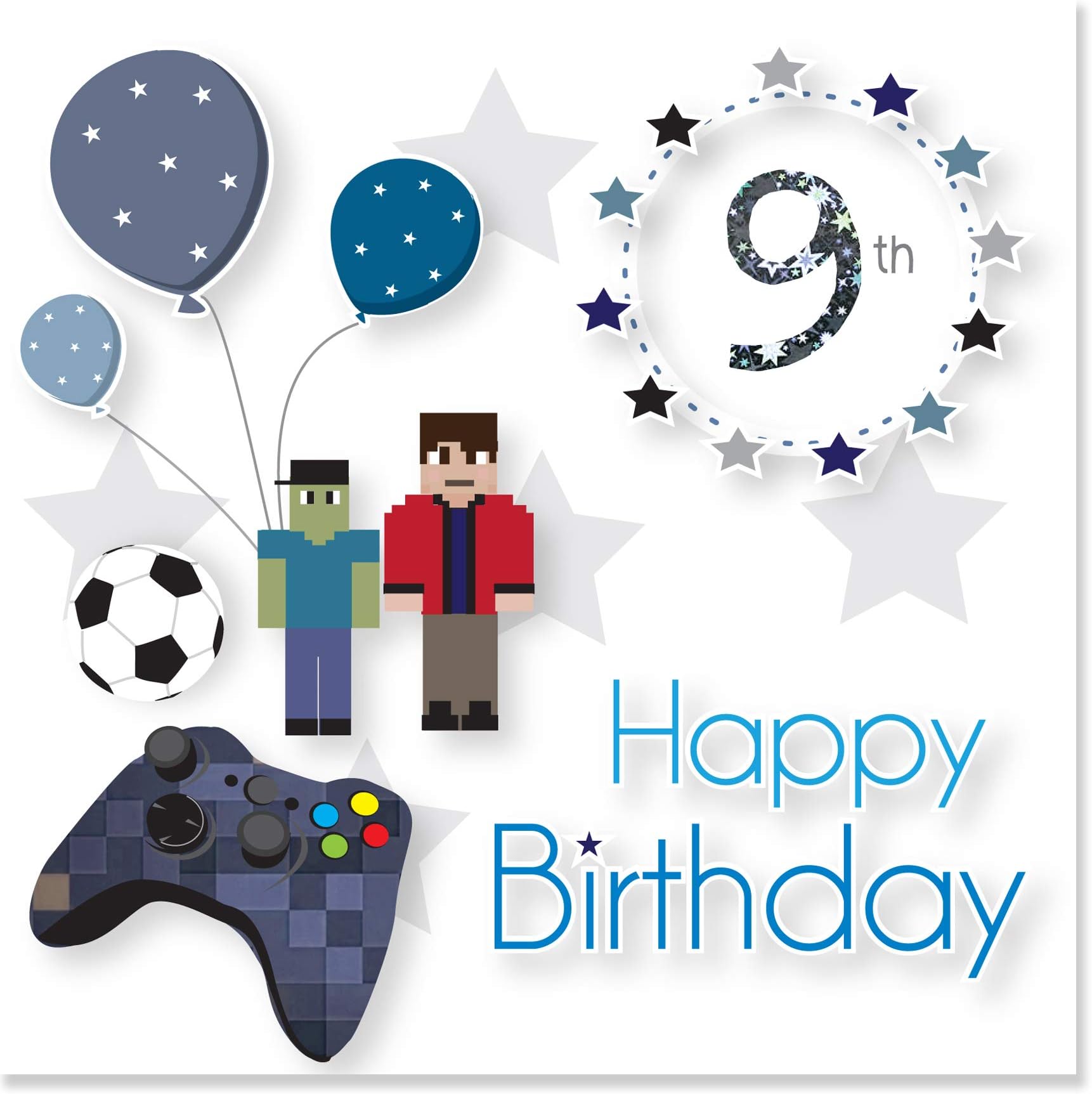 Designs - 9th Birthday Card Gaming Controller & Football with Holographic Foil Number - 15cm