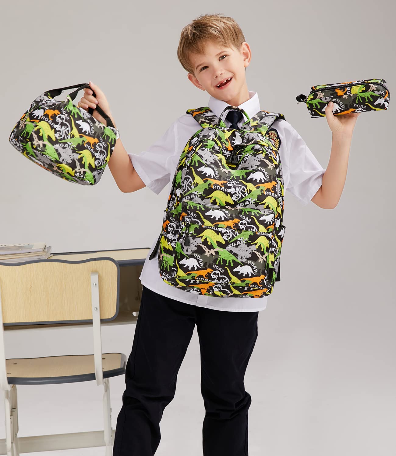 ecodudo Cute Lightweight Dinosaur Backpack Boys School Backpacks Kids Bookbags with Lunch Bag (Colorful Dinosaur 2)