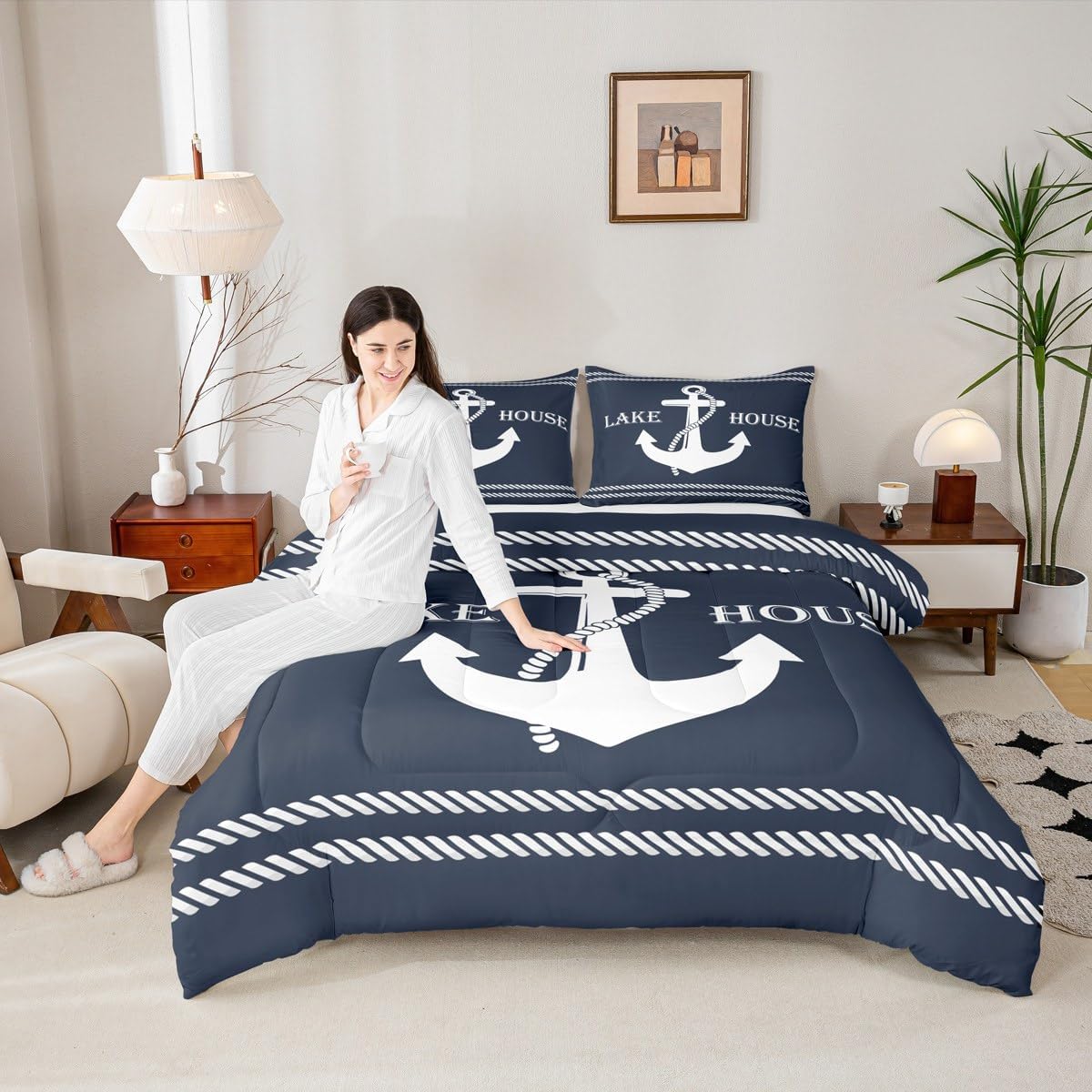 Lake Home Camper Comforter Set Full Size,Nautical Anchor Bedding Set for Kids Girls Boys Adults Bedroom Decor,Sea Adventure Twines Down Comforter,Vintage Rustic Blue Duvet Insert,2 Pillowcases