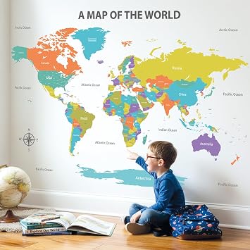 DECOWALL DL3-2302 Colourful World Wall Stickers Decals Poster Art Board Tapestry decor History Large for Kids Travel Bathroom Enjoy Wallpaper Vintage