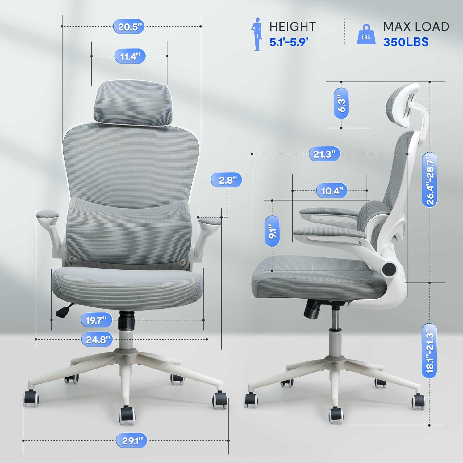 Front and side view of the assembled FLEXISPOT OC4 Lite office chair with dimensions indicated.
