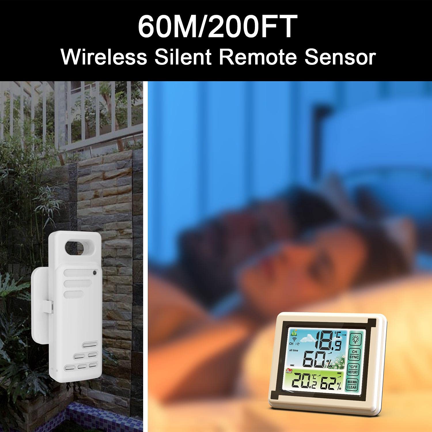 Wireless Silent Remote Sensor with 60M/200FT range