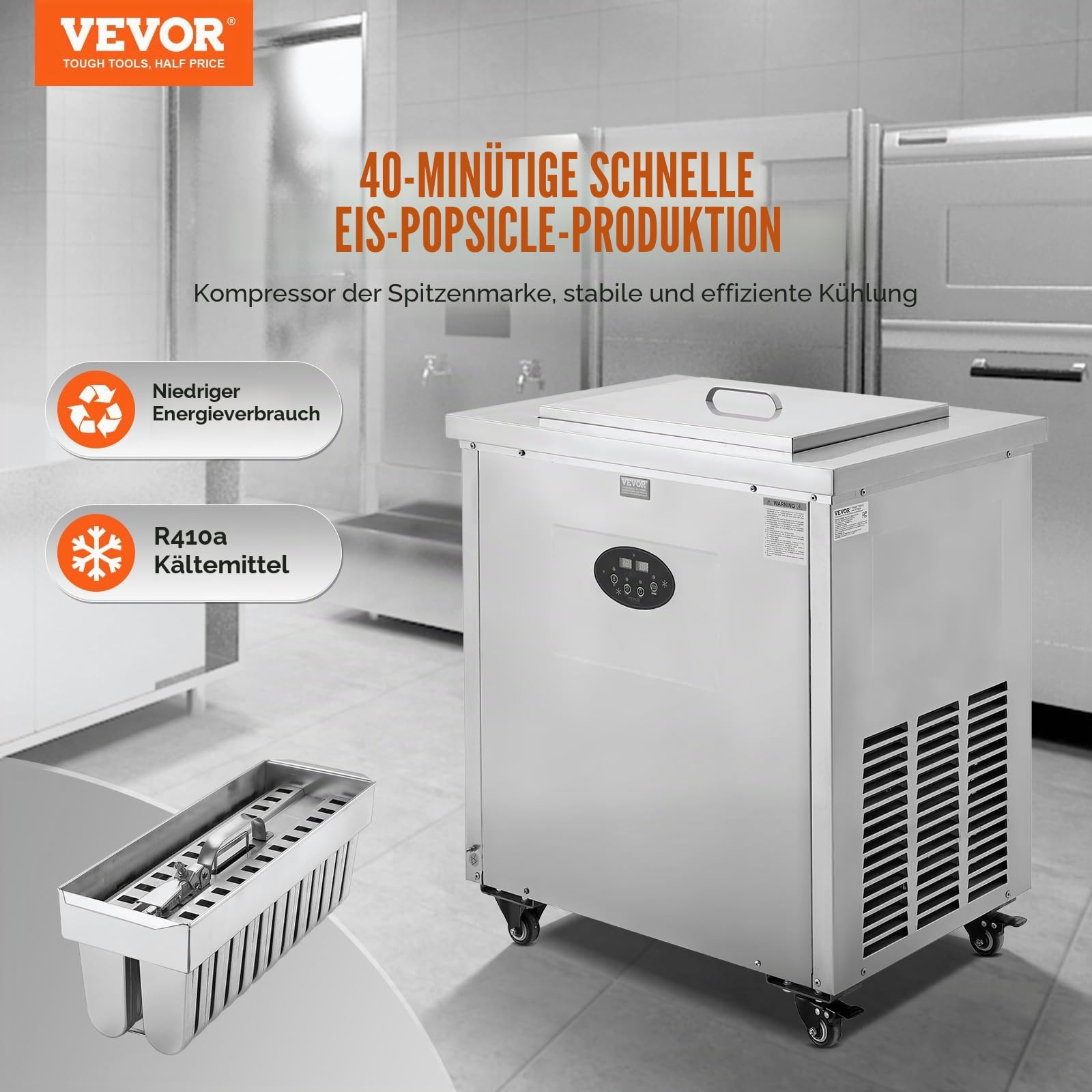 VEVOR Kommerzielle Eismaschine, 40-teilige Eismaschine, Edelstahl, für Eis am Stiel, Bars, Cafés, Milchtee-Geschäfte