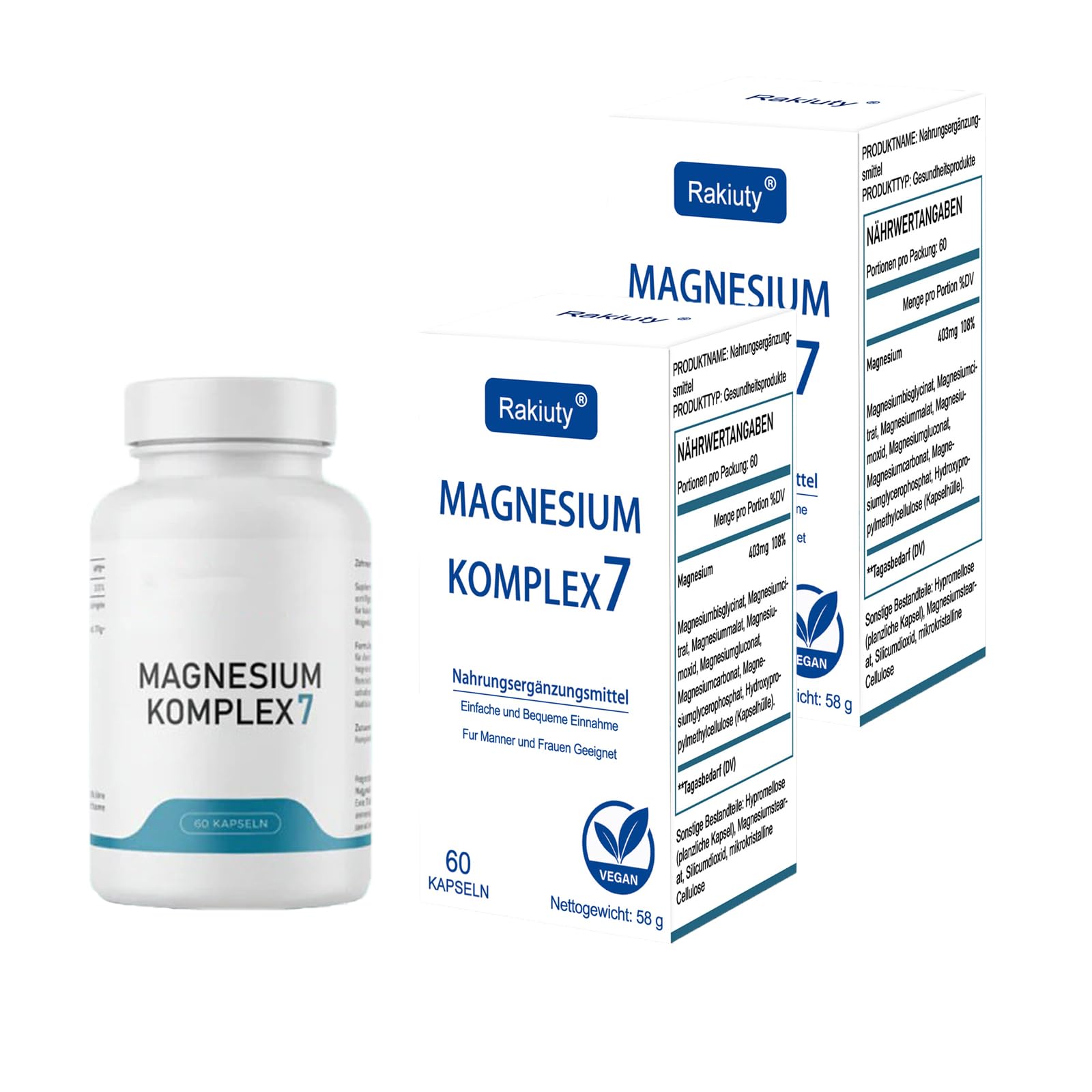 Magnesium Komplex7, Mit Magnesiumbisglycinat, Magnesiumcitrat, Magnesiummalat, Vegan, Entspannt Bleiben & Stress Natürlich Reduzieren (2 Flasche)