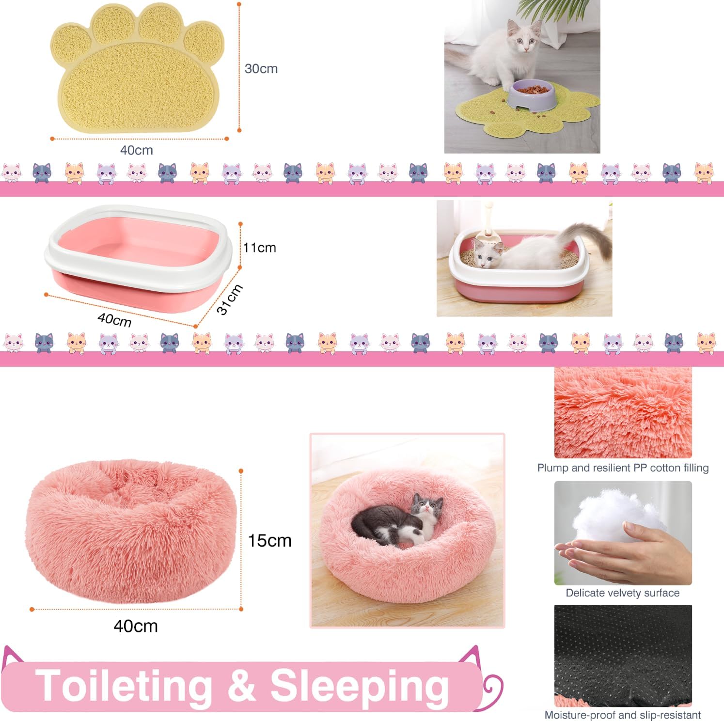 47PCS Kitten Essentials Starter Kit, Ideal for Cats Under 6 Months, Featuring 21-Piece Toy Set, Bed, Carrier, Litter Box, Bowls & More, for New Cat Owners - Pink