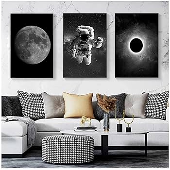 Amazon｜宇宙飛行士と月のキャンバス絵画白黒ポスター印刷壁