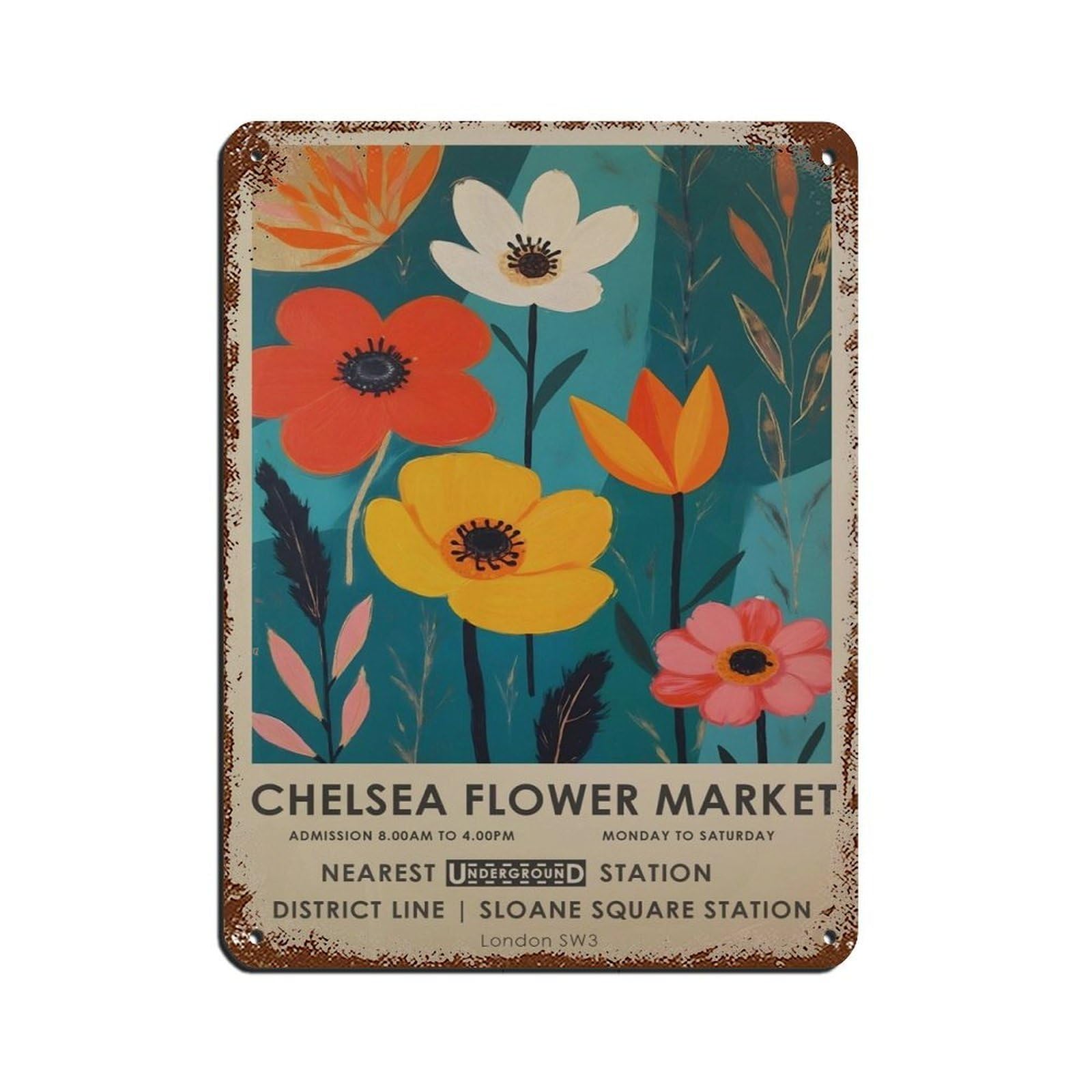 Chelsea Flower Market, Vintage Teal Botanical Art Retro Poster Metal Tin Sign Chic Art Retro Iron Painting Bar People Cave Cafe Family Garage Poster Wall Decoration 12x16inch(30x40cm)