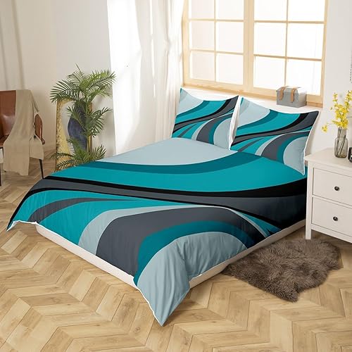 Miniatura 3 de Juego de funda de edredón moderna de color azul y gris, tamaño King, elegante juego de ropa de cama de decoración turquesa, funda de edredón de