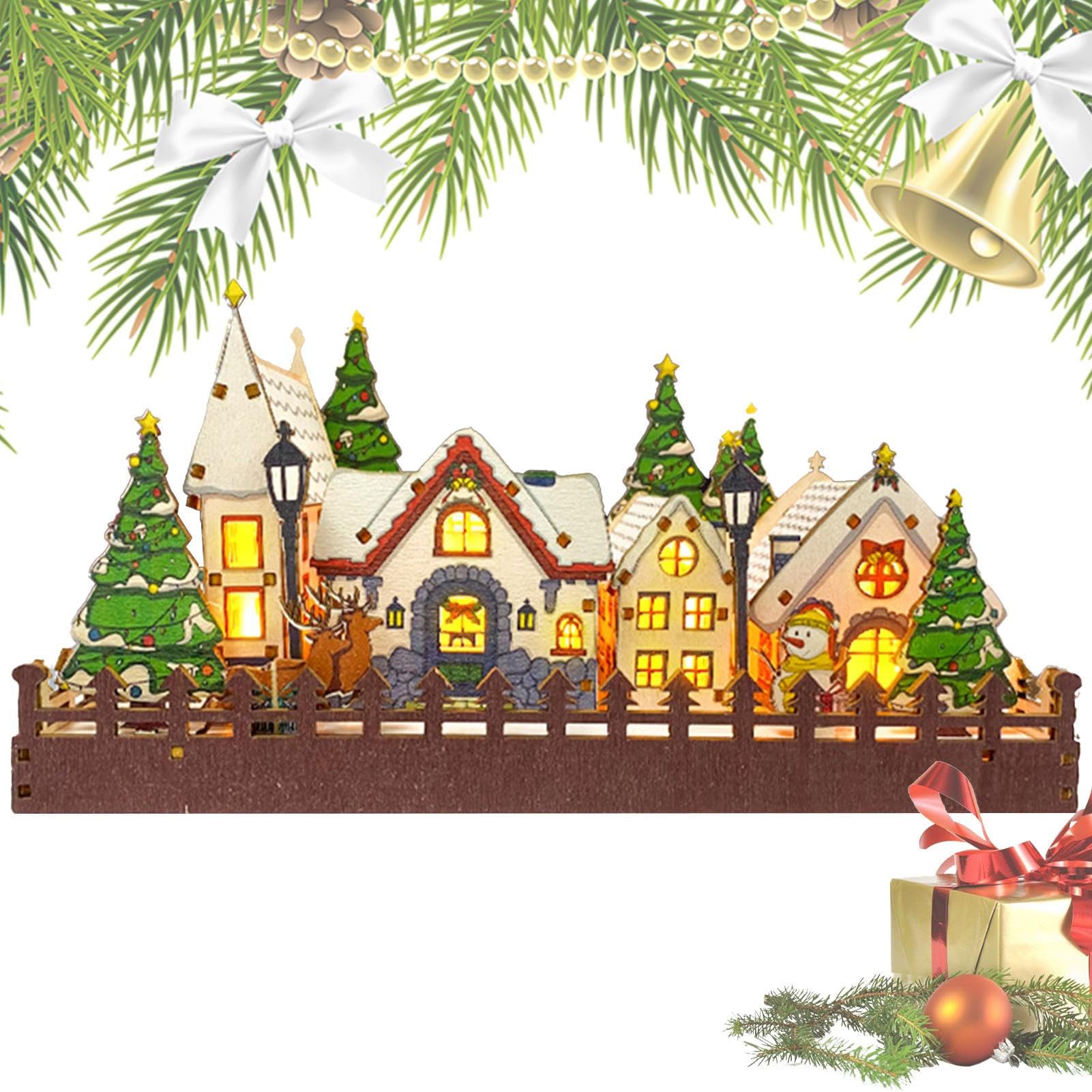 Maisons de Noël en bois avec village LED et figurines décoratives