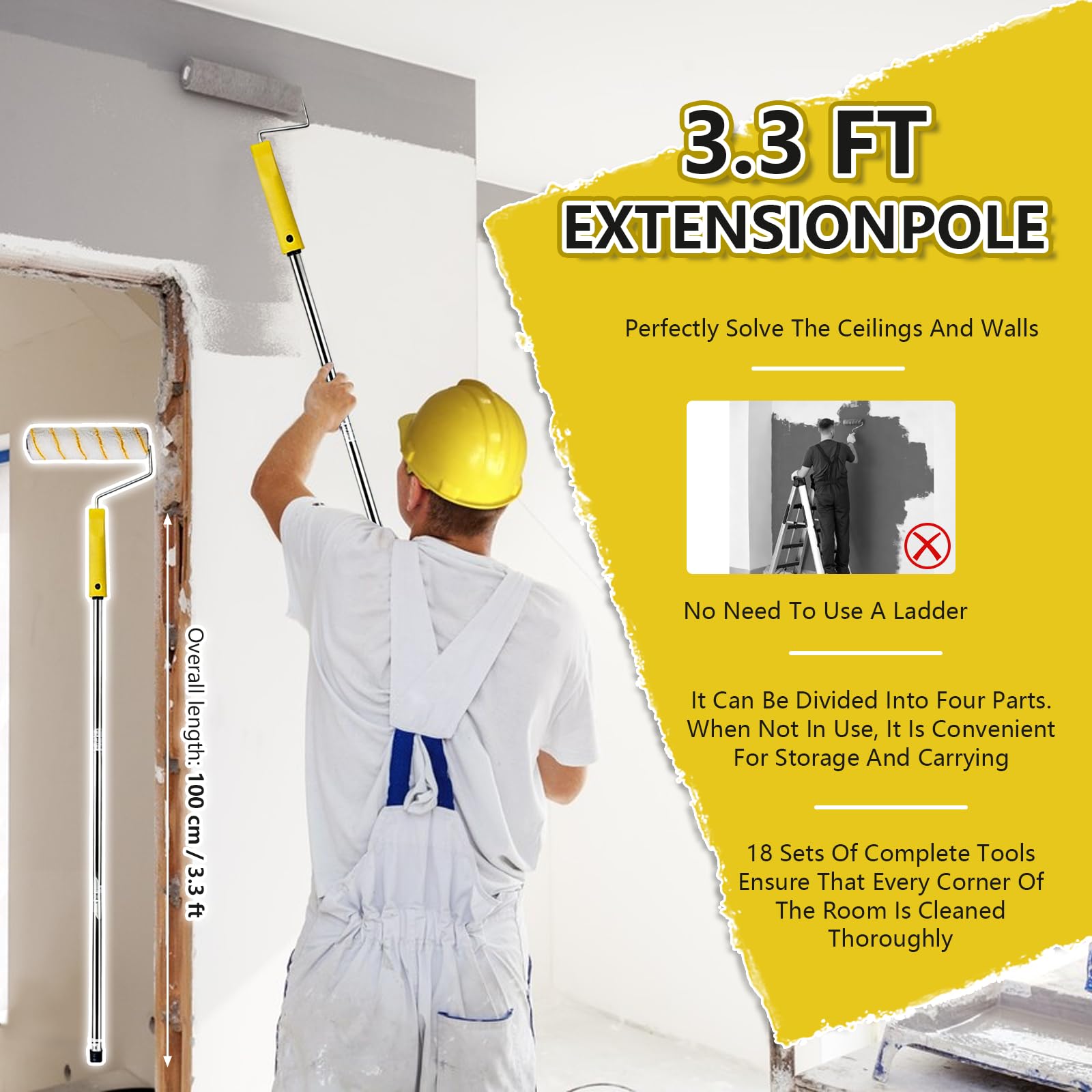 Set di 18 rulli da pittura con asta di estensione, set di rulli da 22,9 cm e 10,2 cm, set di rulli e vassoi professionali, kit per dipingere pareti, bordi e soffitti, kit di decorazione per la casa