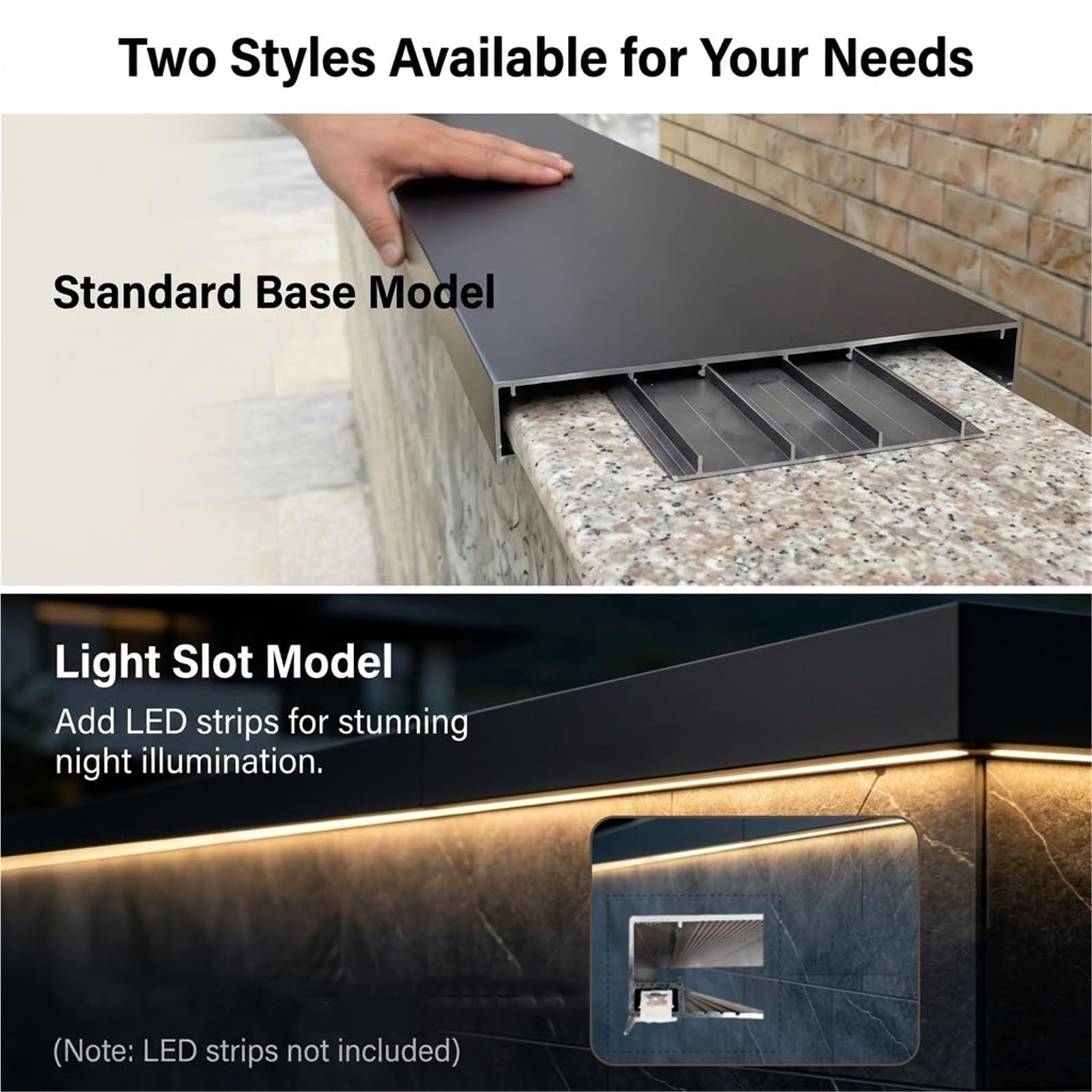Cubremuros Vierteaguas para Muro Contención | Canal LED integrado, para muros de 13-30cm, montaje con tornillo oculto, borde antigoteo, kit incluido.