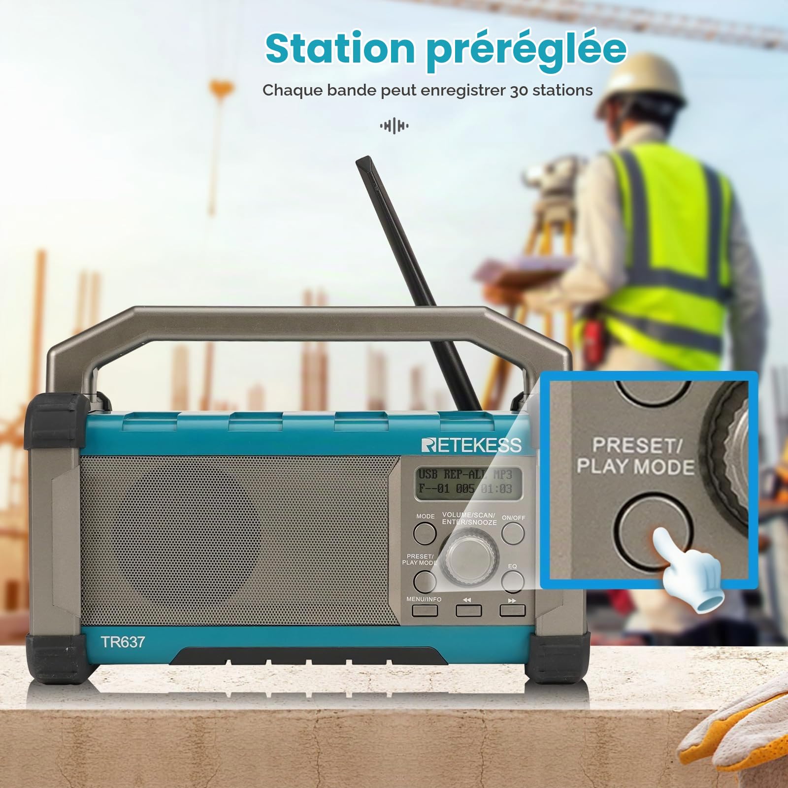 Retekess TR637 Radio de Chantier, Radios Portable | pour Chantier, Poste de Travail, FM/AM, 5000mAh Batterie, Étanche, Résistant aux Chutes, Port USB, Poignée